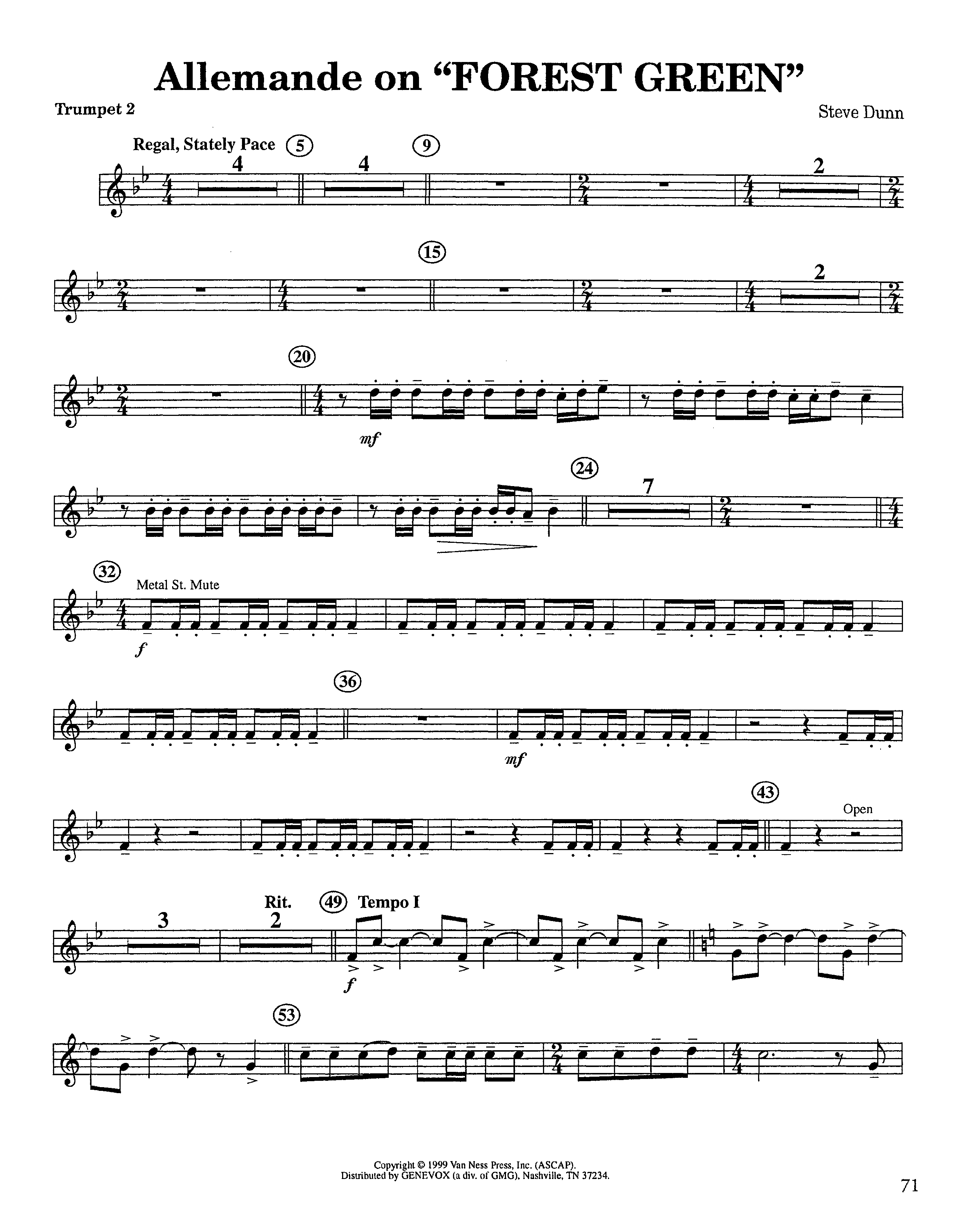Allemande On Forest Green (Instrumental) Trumpet 2 (Lifeway Worship / Arr. Steve Dunn)