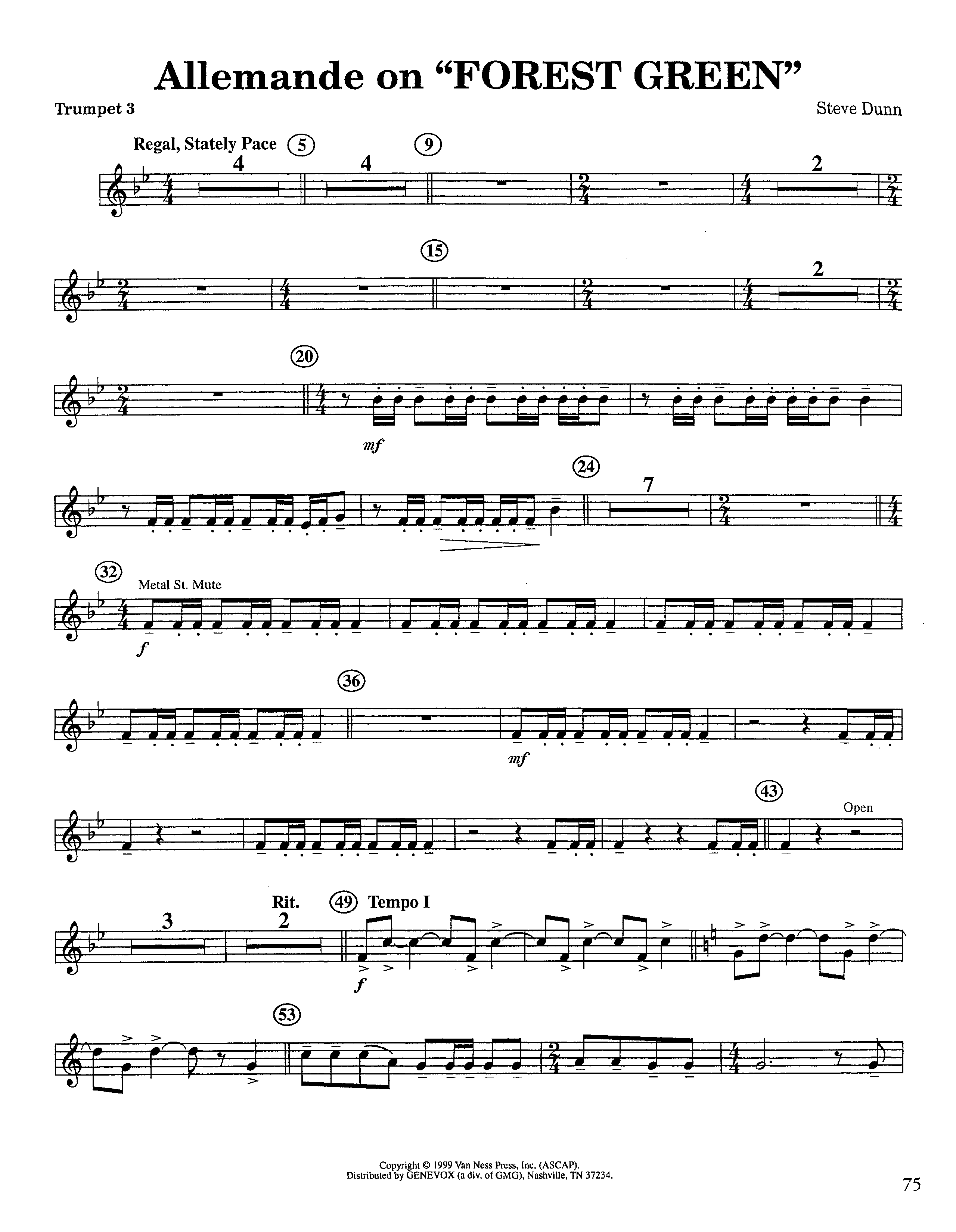 Allemande On Forest Green (Instrumental) Trumpet 3 (Lifeway Worship / Arr. Steve Dunn)