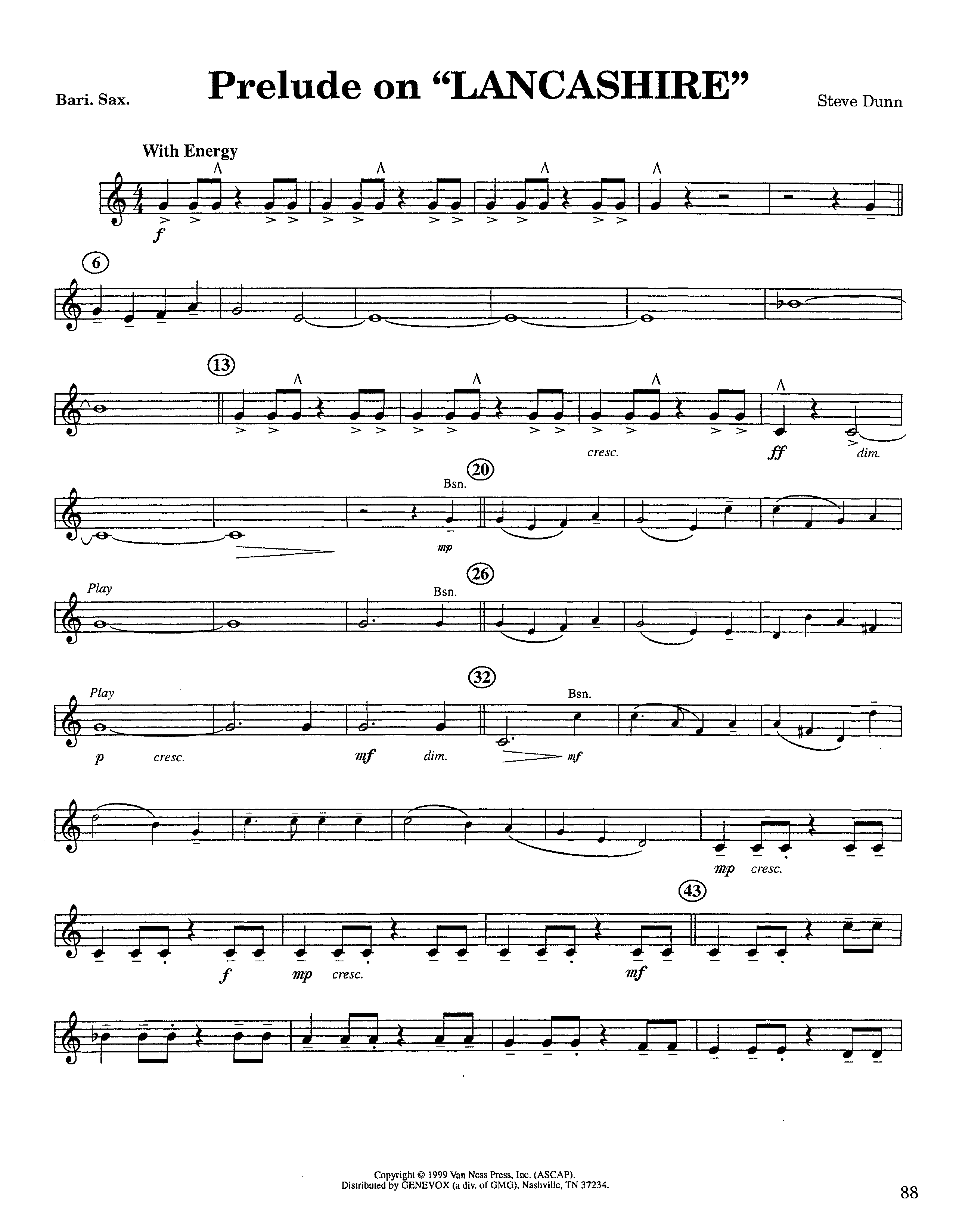 Prelude On Lancashire (Instrumental) Bari Sax (Lifeway Worship / Arr. Steve Dunn)