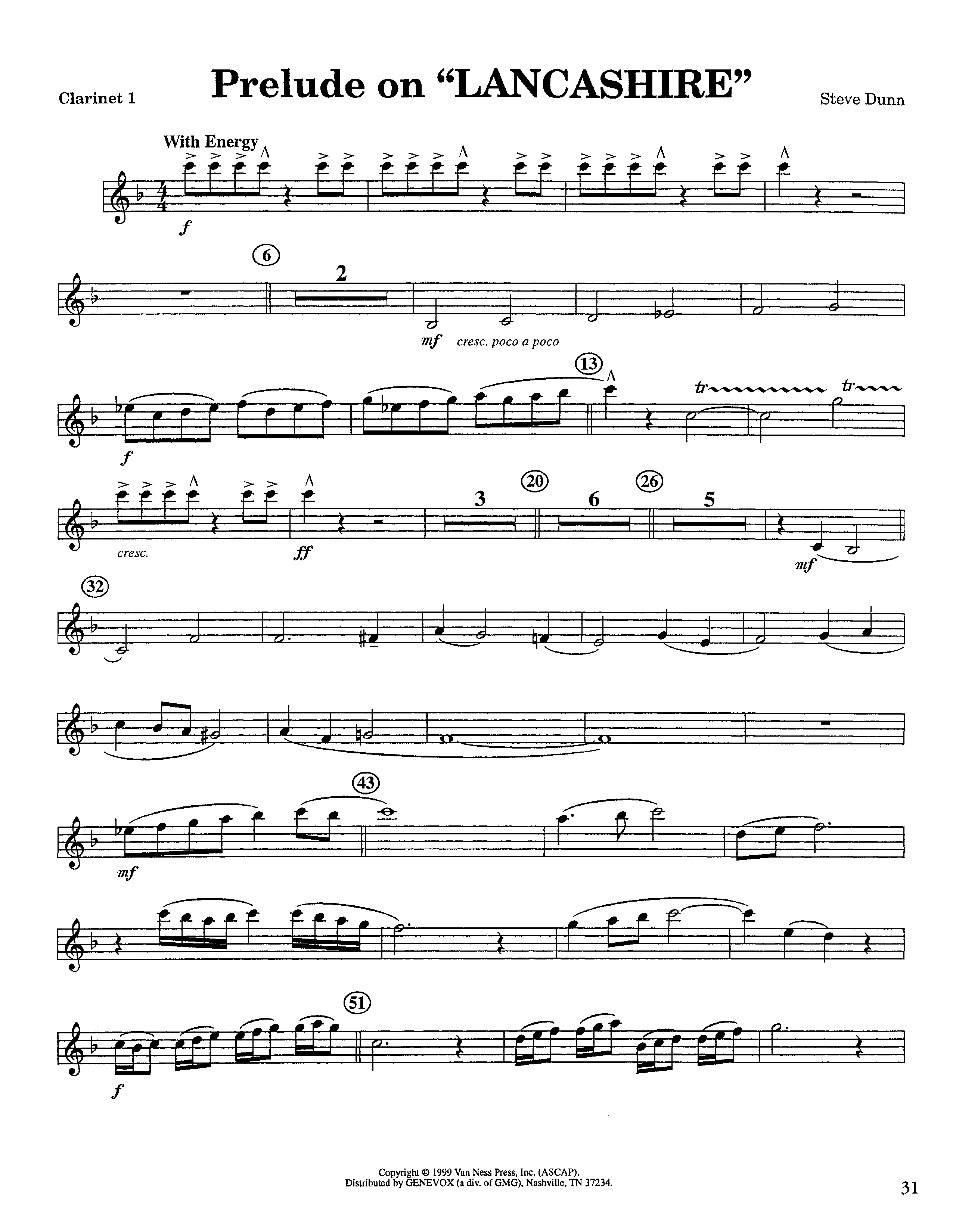 Prelude On Lancashire (Instrumental) Clarinet 1/2 (Lifeway Worship / Arr. Steve Dunn)
