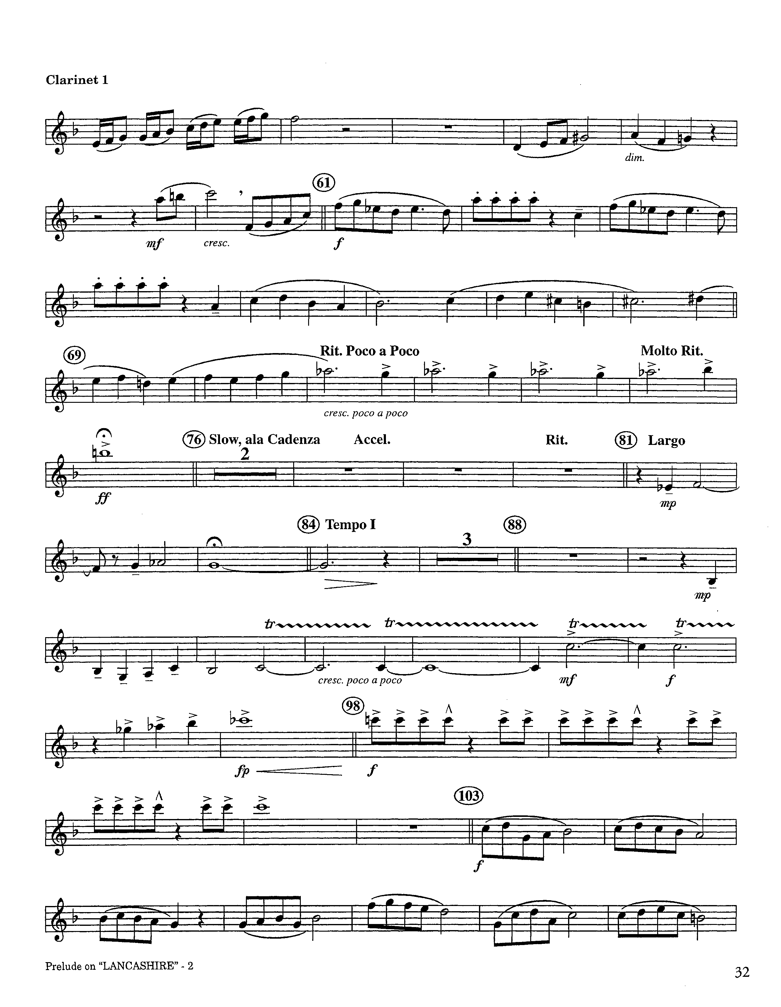 Prelude On Lancashire (Instrumental) Clarinet 1/2 (Lifeway Worship / Arr. Steve Dunn)