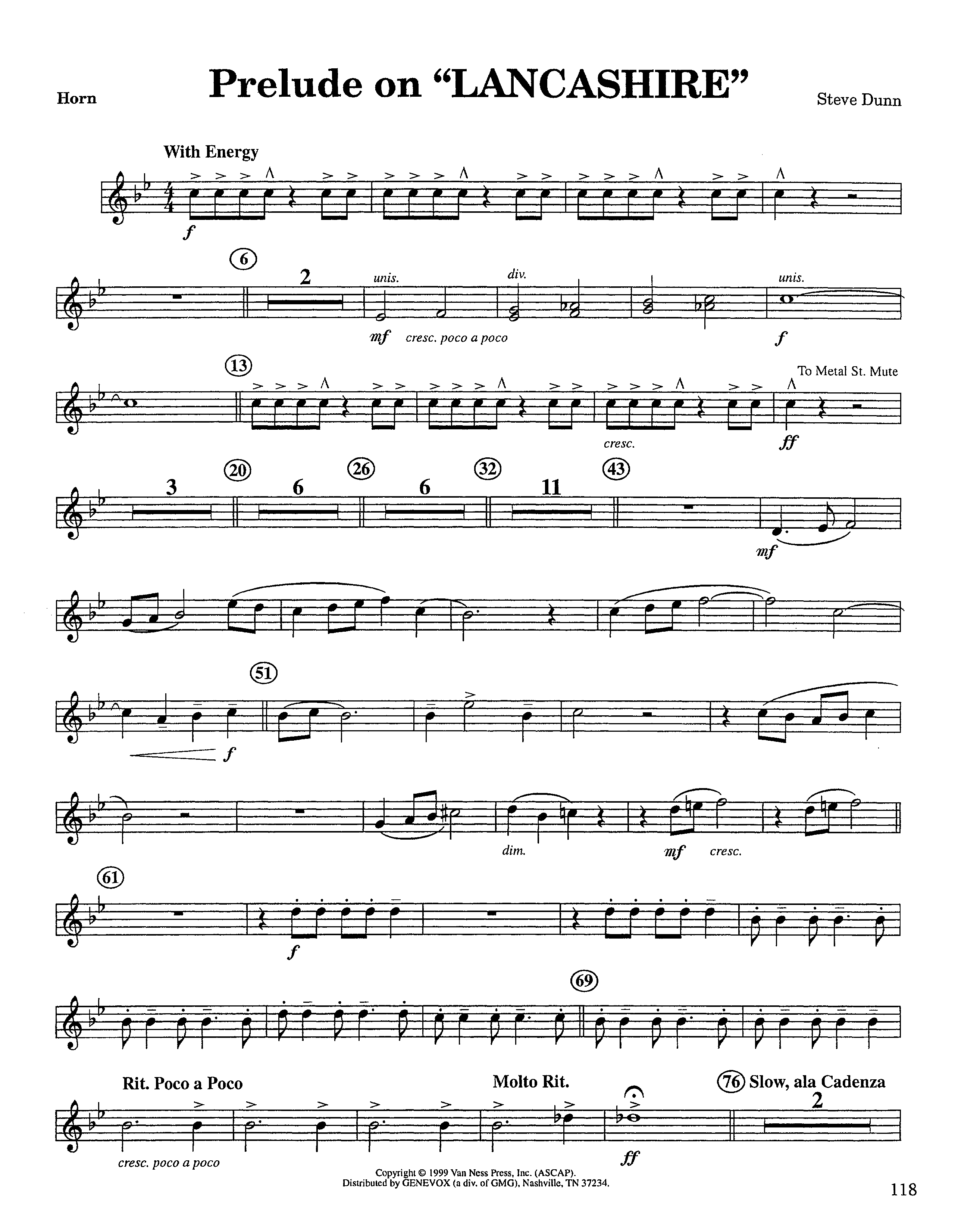 Prelude On Lancashire (Instrumental) French Horn (Lifeway Worship / Arr. Steve Dunn)