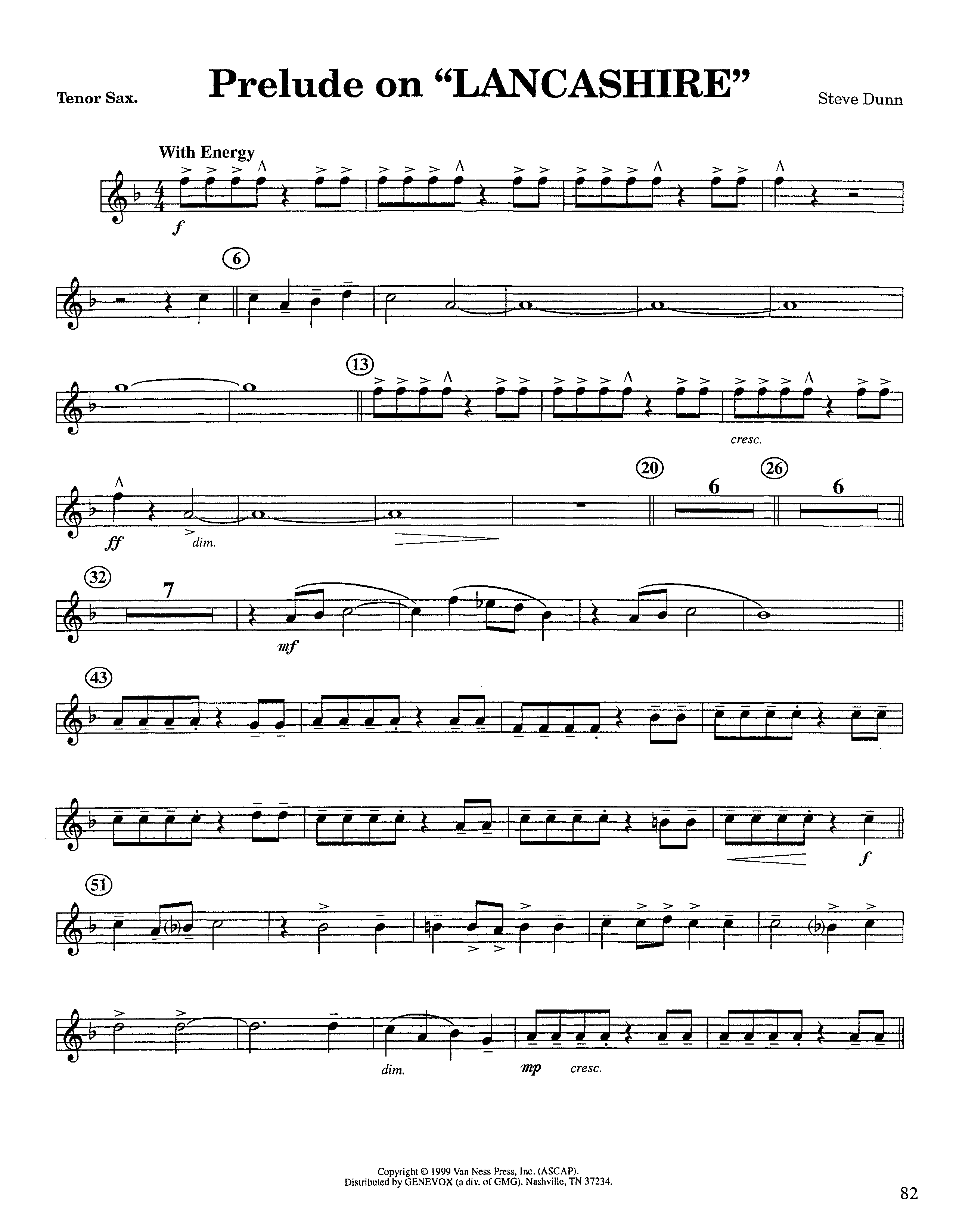 Prelude On Lancashire (Instrumental) Tenor Sax 1 (Lifeway Worship / Arr. Steve Dunn)
