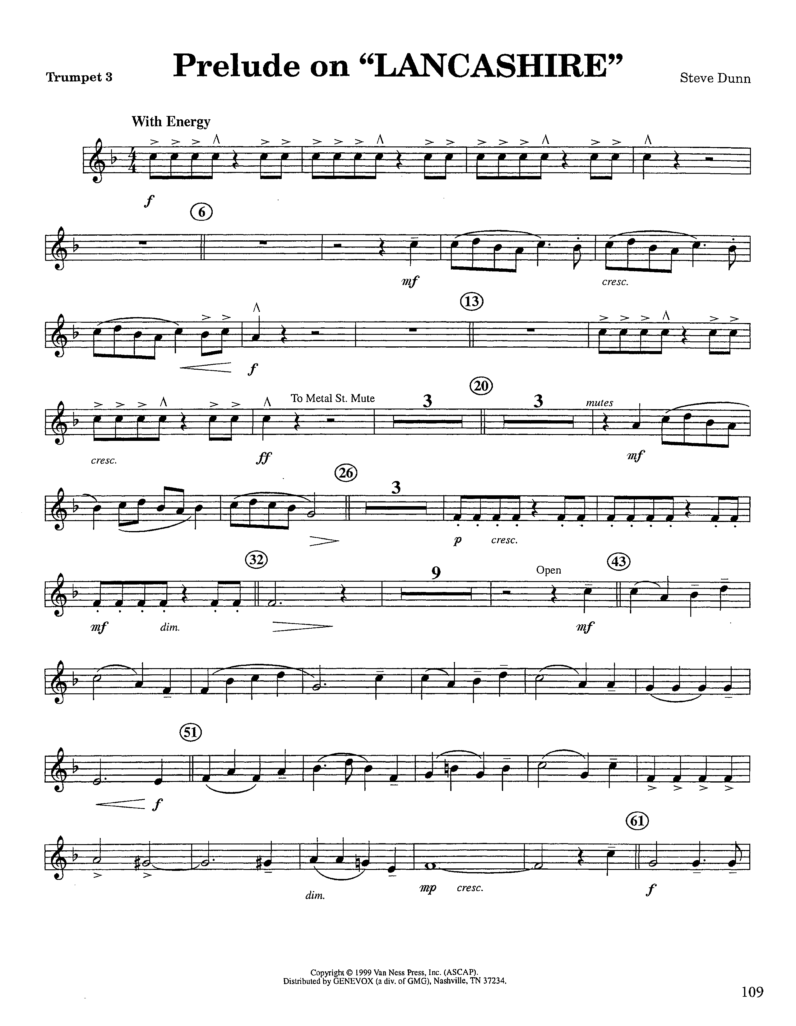 Prelude On Lancashire (Instrumental) Trumpet 3 (Lifeway Worship / Arr. Steve Dunn)