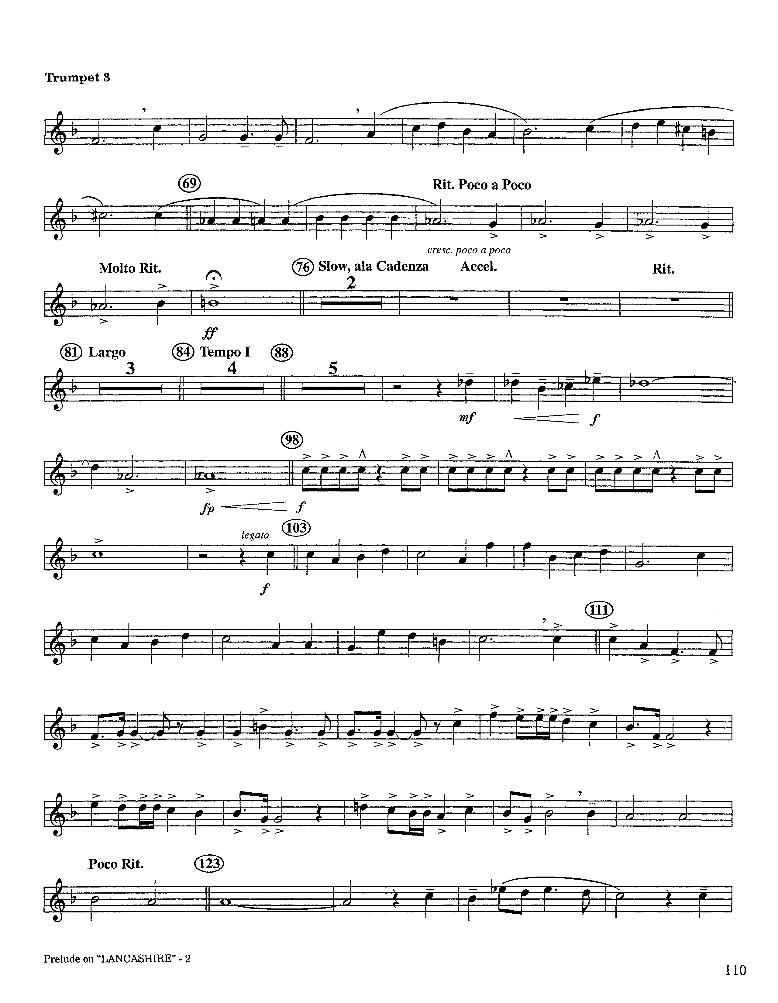 Prelude On Lancashire (Instrumental) Trumpet 3 (Lifeway Worship / Arr. Steve Dunn)