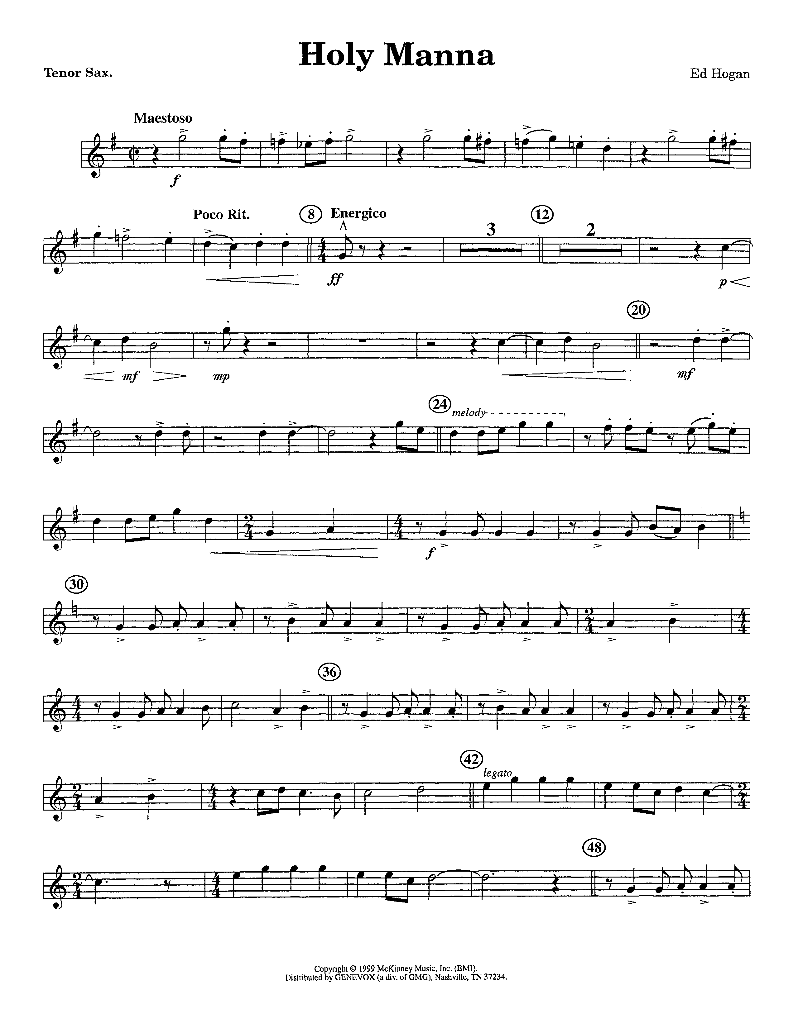 Holy Manna (Instrumental) Tenor Sax 1 (Lifeway Worship / Arr. Ed Hogan)
