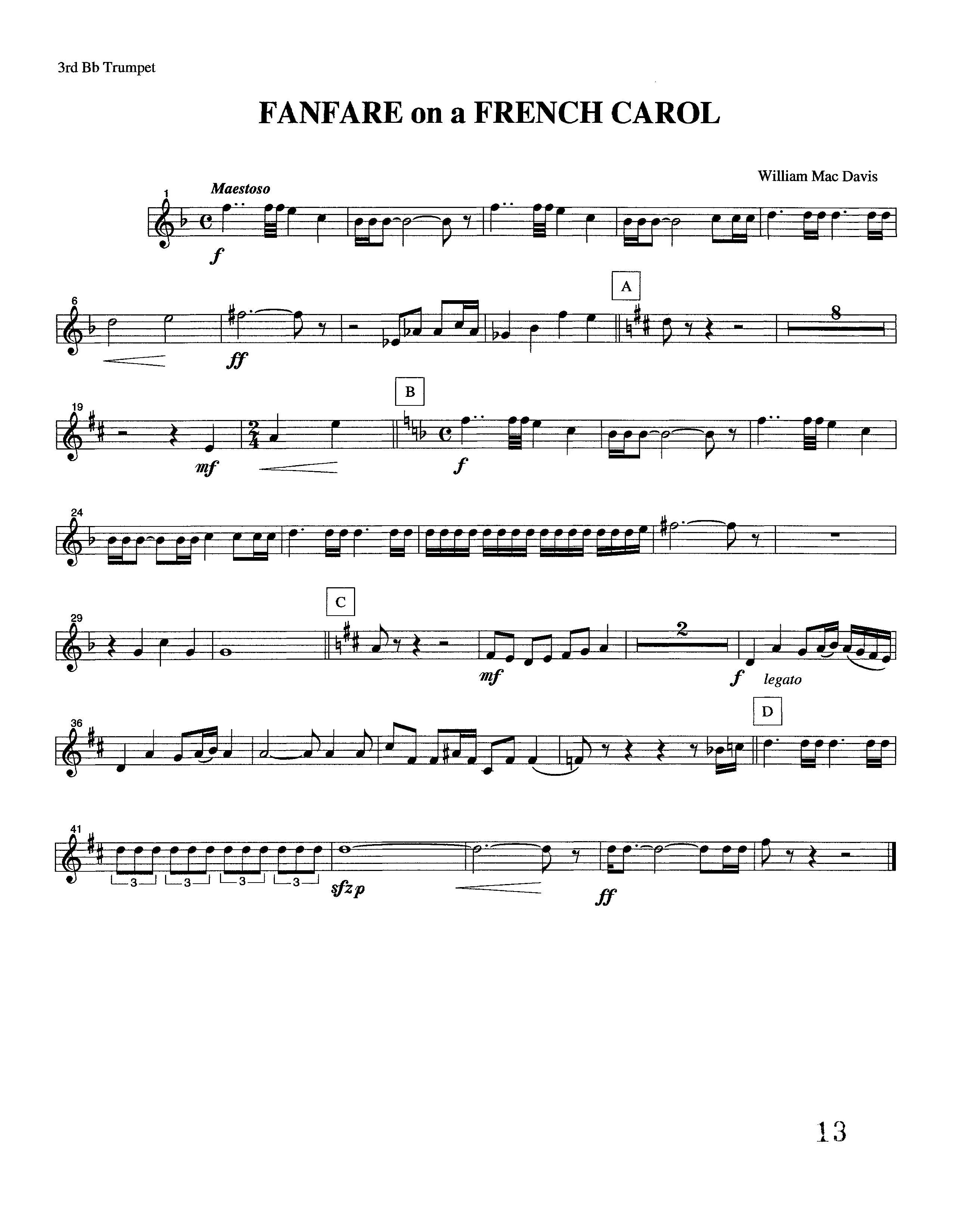 Fanfare On A French Carol (Instrumental) Trumpet 3 (Lifeway Worship / Arr. William Mac Davis)