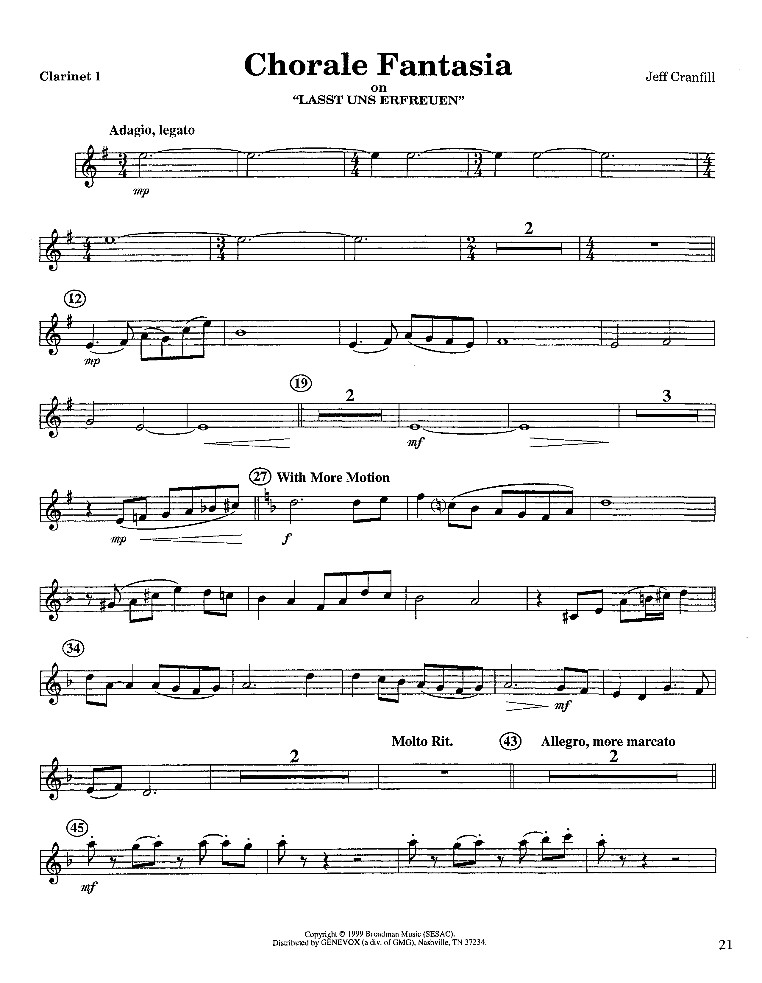 Chorale Fantasia (Instrumental) Clarinet 1/2 (Lifeway Worship / Arr. Jeff Cranfill)