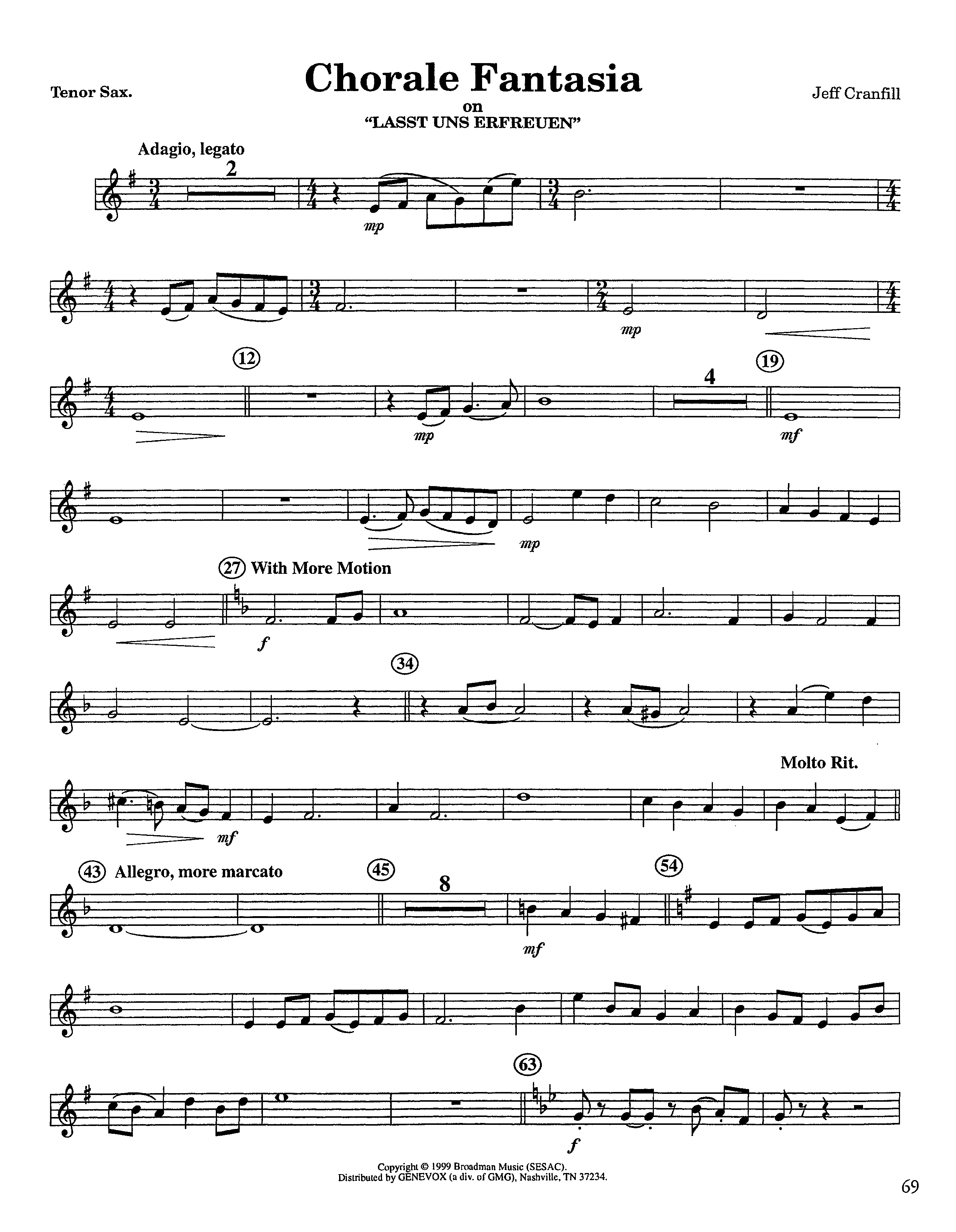 Chorale Fantasia (Instrumental) Tenor Sax 1 (Lifeway Worship / Arr. Jeff Cranfill)
