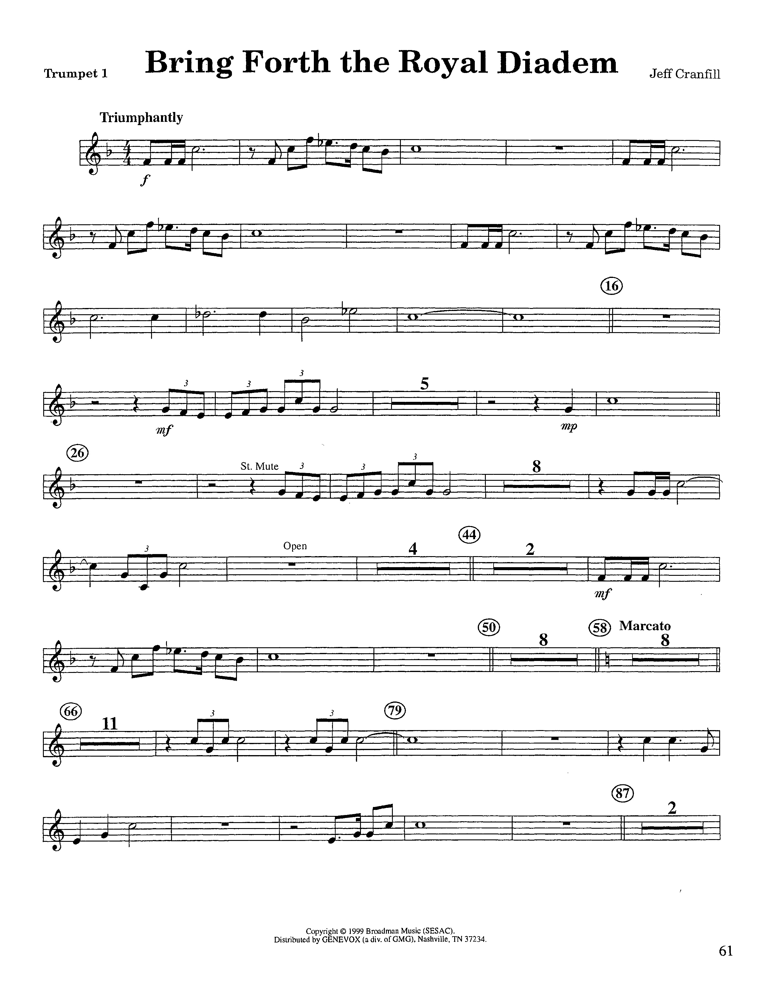 Bring Forth The Royal Diadem (Instrumental) Trumpet 1 (Lifeway Worship / Arr. Jeff Cranfill)