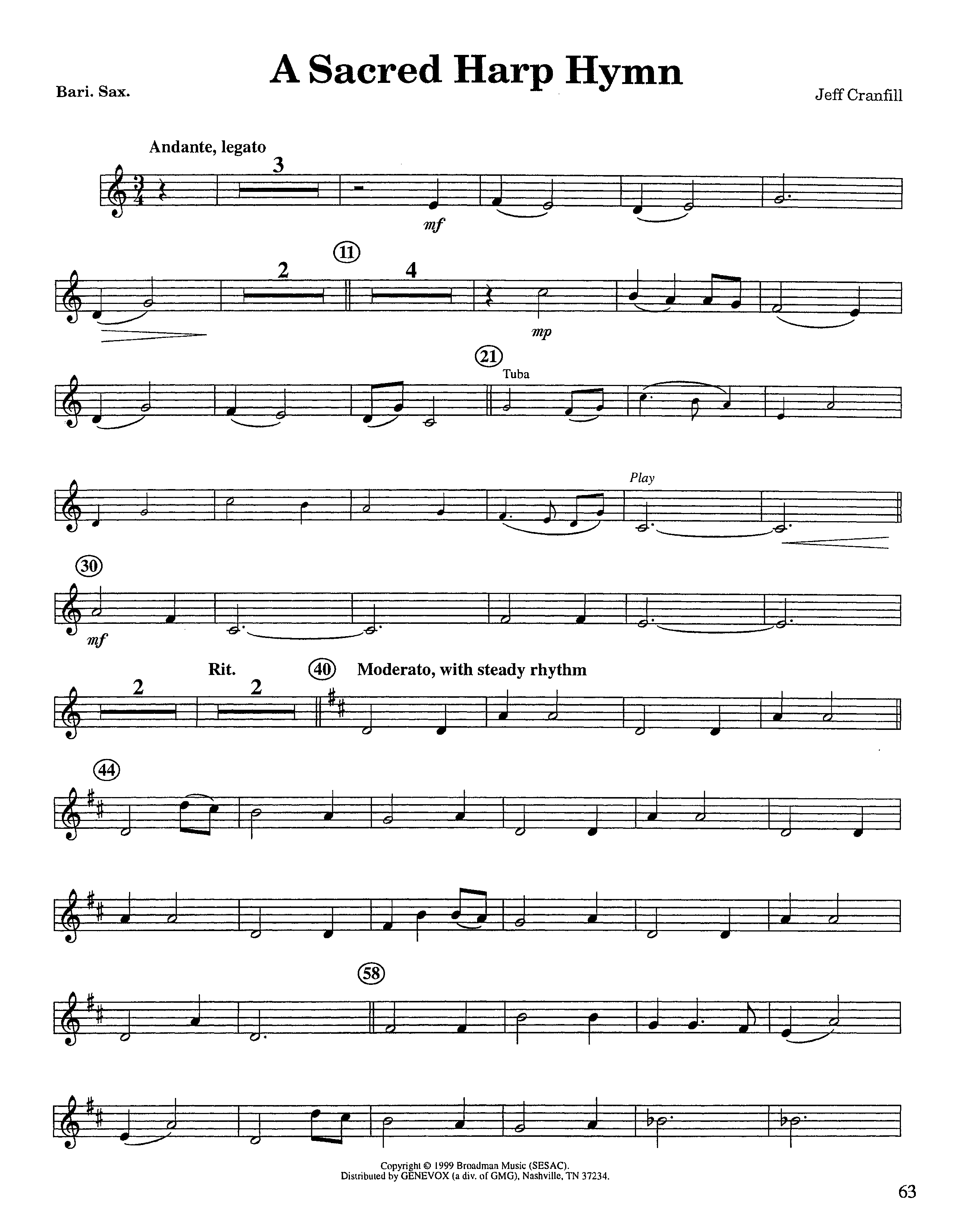 A Sacred Harp Hymn (Instrumental) Bari Sax (Lifeway Worship / Arr. Jeff Cranfill)