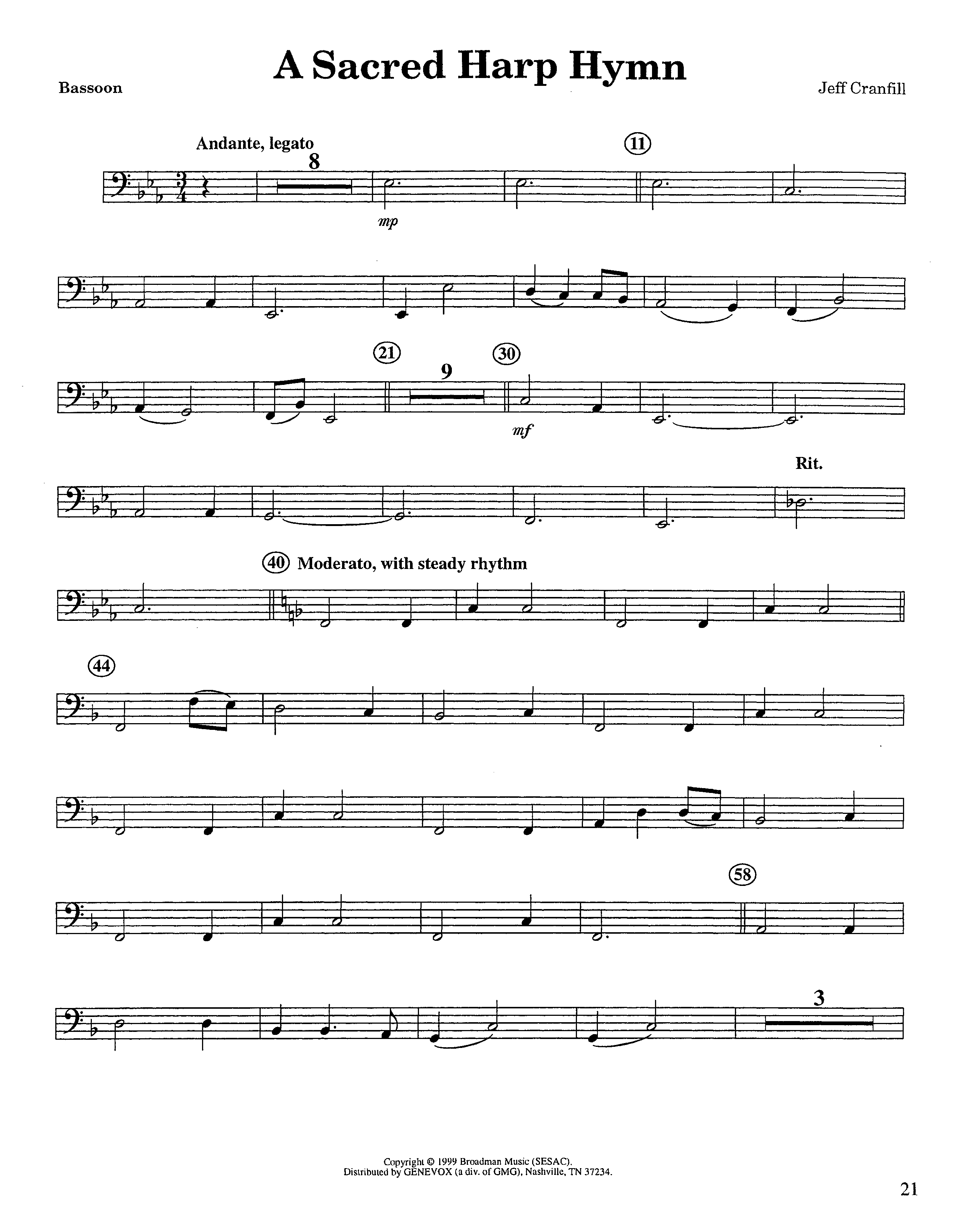 A Sacred Harp Hymn (Instrumental) Bassoon (Lifeway Worship / Arr. Jeff Cranfill)