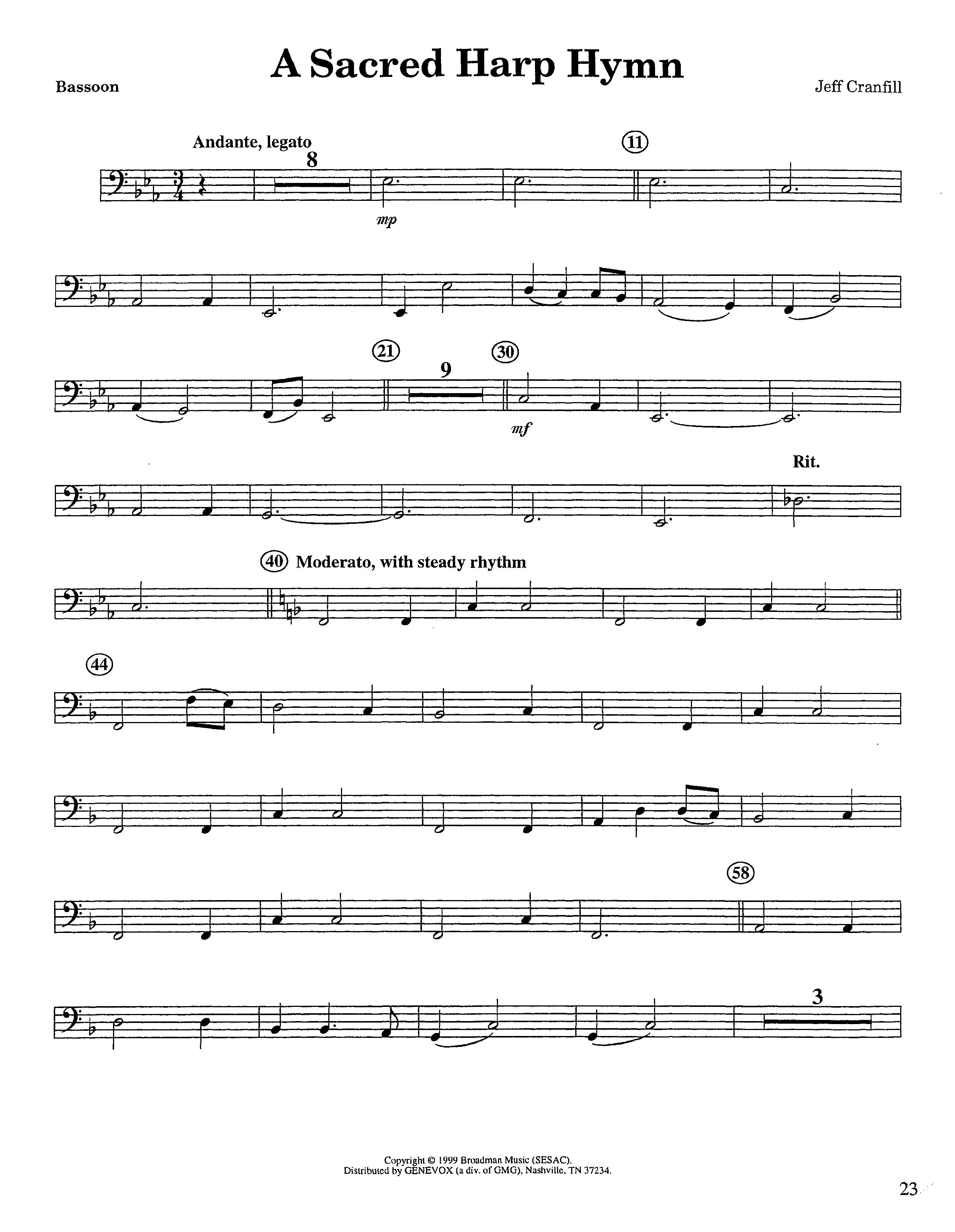 A Sacred Harp Hymn (Instrumental) Bassoon (Lifeway Worship / Arr. Jeff Cranfill)