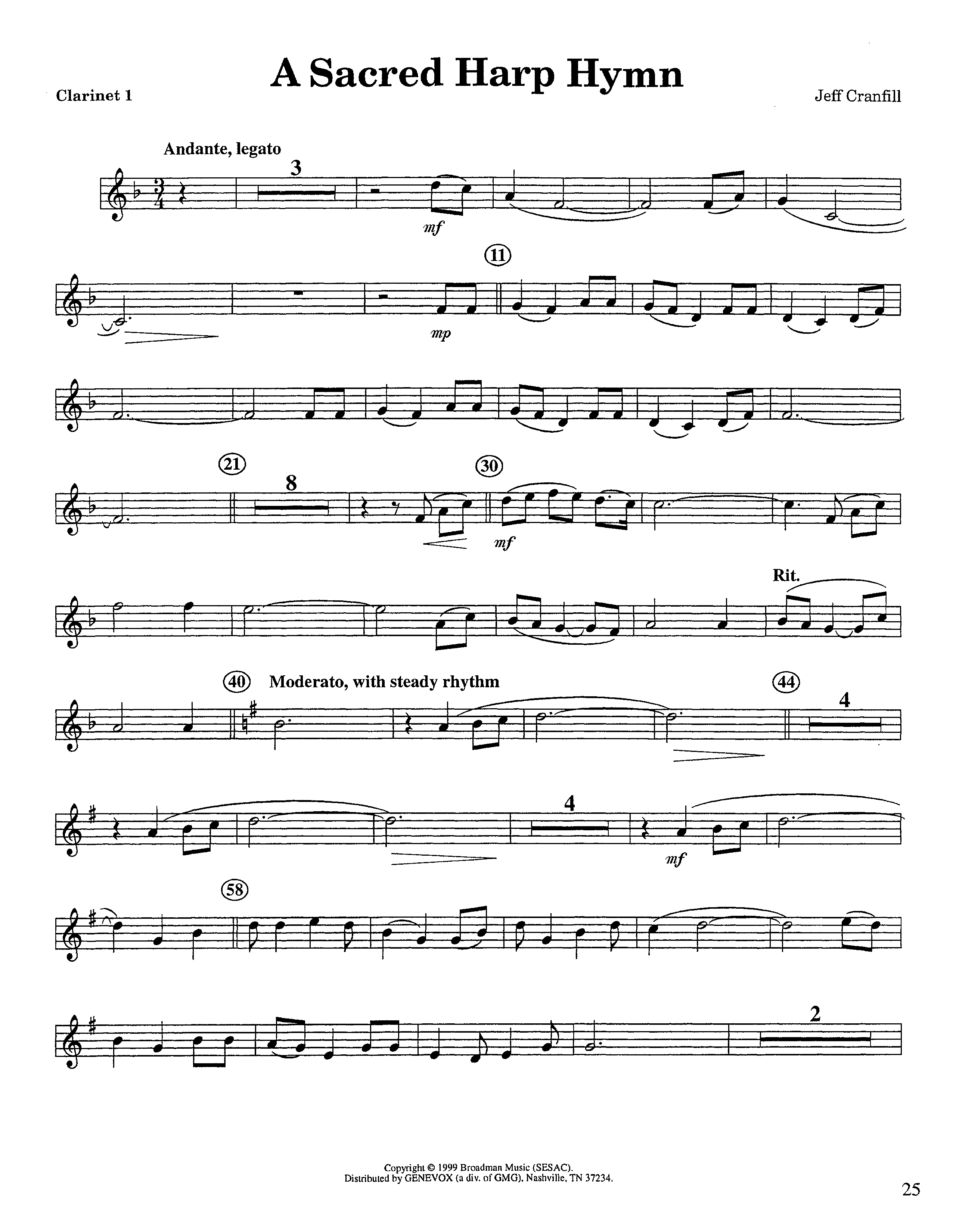 A Sacred Harp Hymn (Instrumental) Clarinet 1/2 (Lifeway Worship / Arr. Jeff Cranfill)