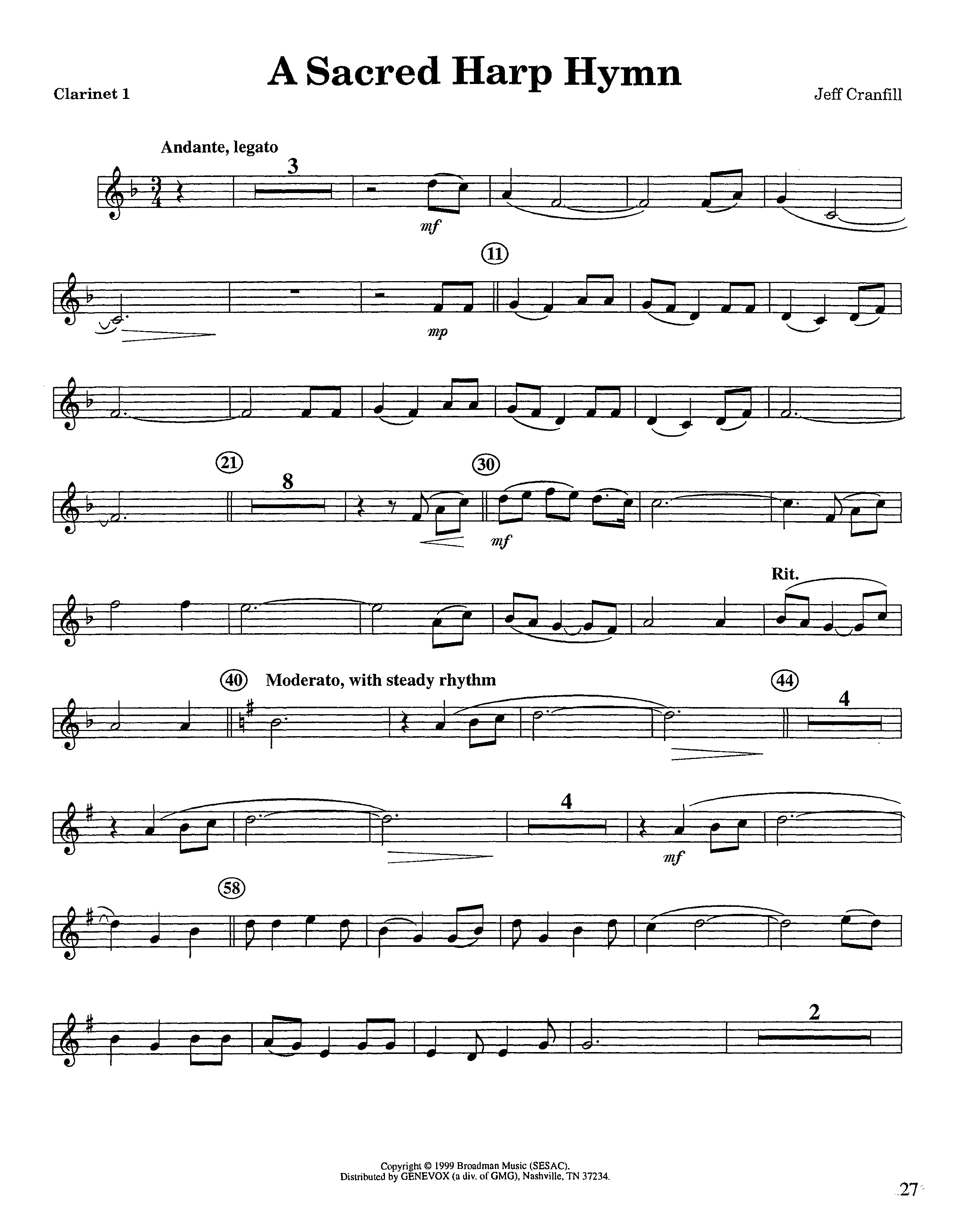 A Sacred Harp Hymn (Instrumental) Clarinet 1/2 (Lifeway Worship / Arr. Jeff Cranfill)