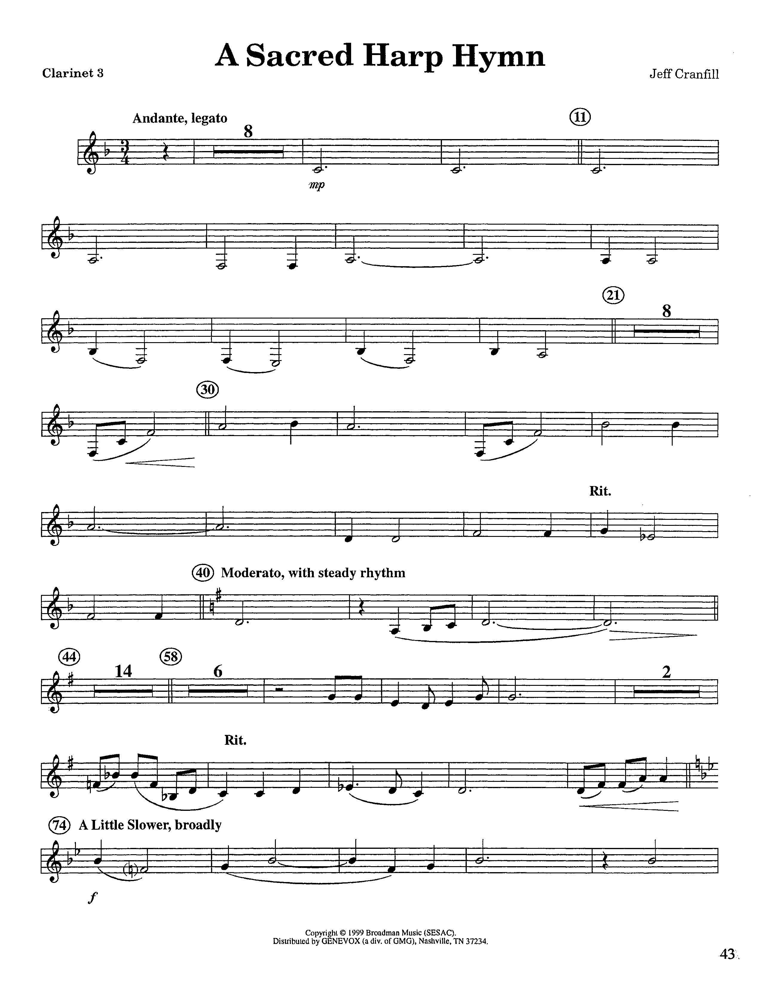 A Sacred Harp Hymn (Instrumental) Clarinet 3 (Lifeway Worship / Arr. Jeff Cranfill)