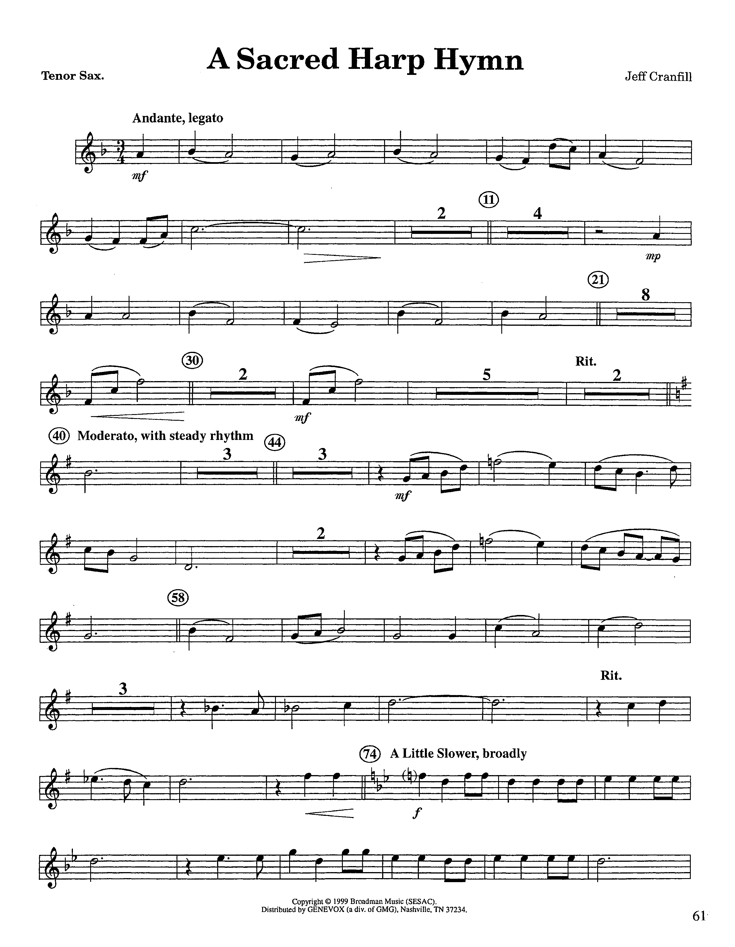 A Sacred Harp Hymn (Instrumental) Tenor Sax 1 (Lifeway Worship / Arr. Jeff Cranfill)