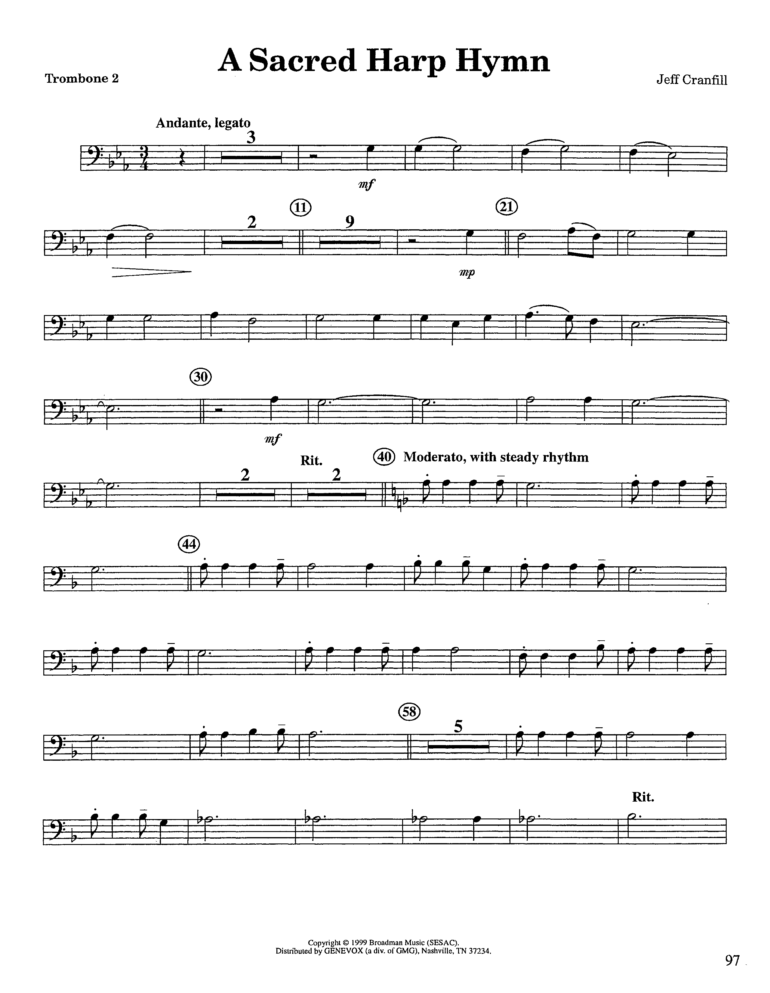 A Sacred Harp Hymn (Instrumental) Trombone 2 (Lifeway Worship / Arr. Jeff Cranfill)