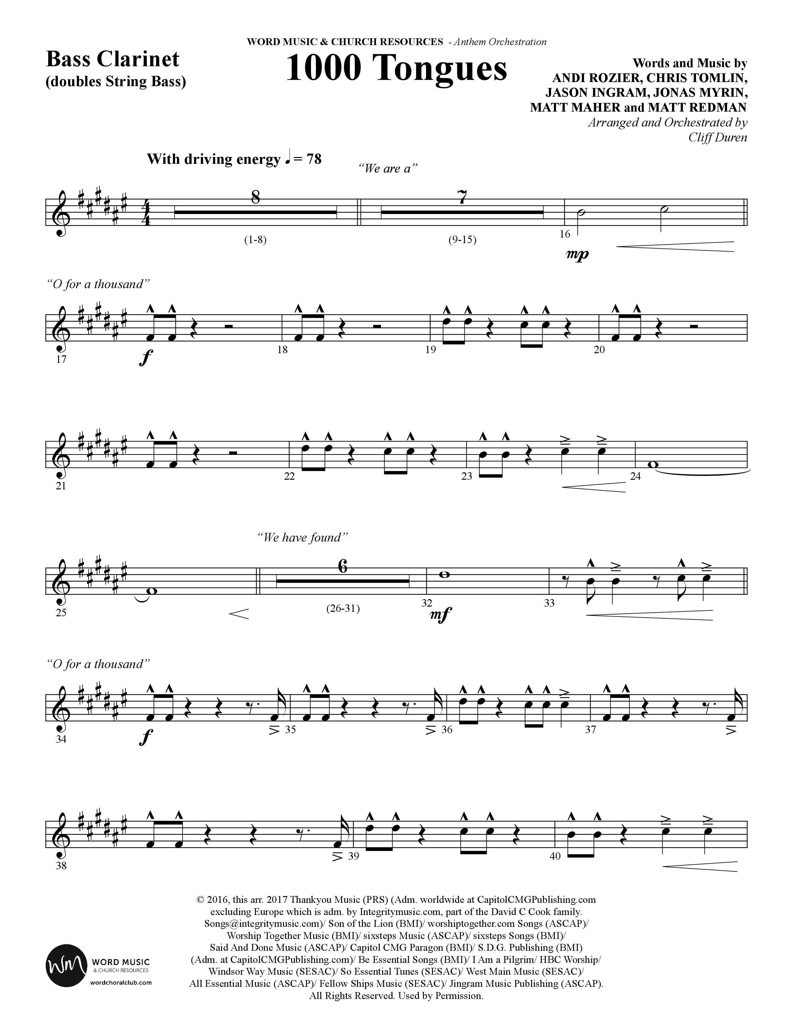 1000 Tongues (Choral Anthem SATB) Bass Clarinet (Word Music Choral / Arr. Cliff Duren)