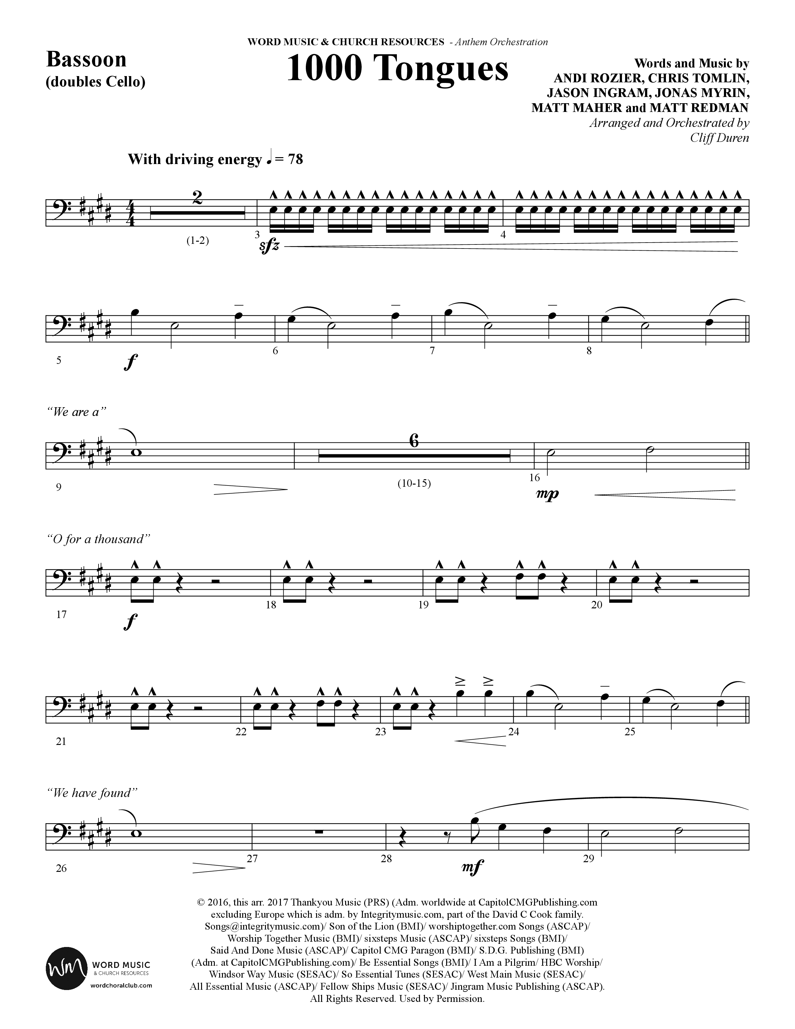 1000 Tongues (Choral Anthem SATB) Bassoon (Word Music Choral / Arr. Cliff Duren)