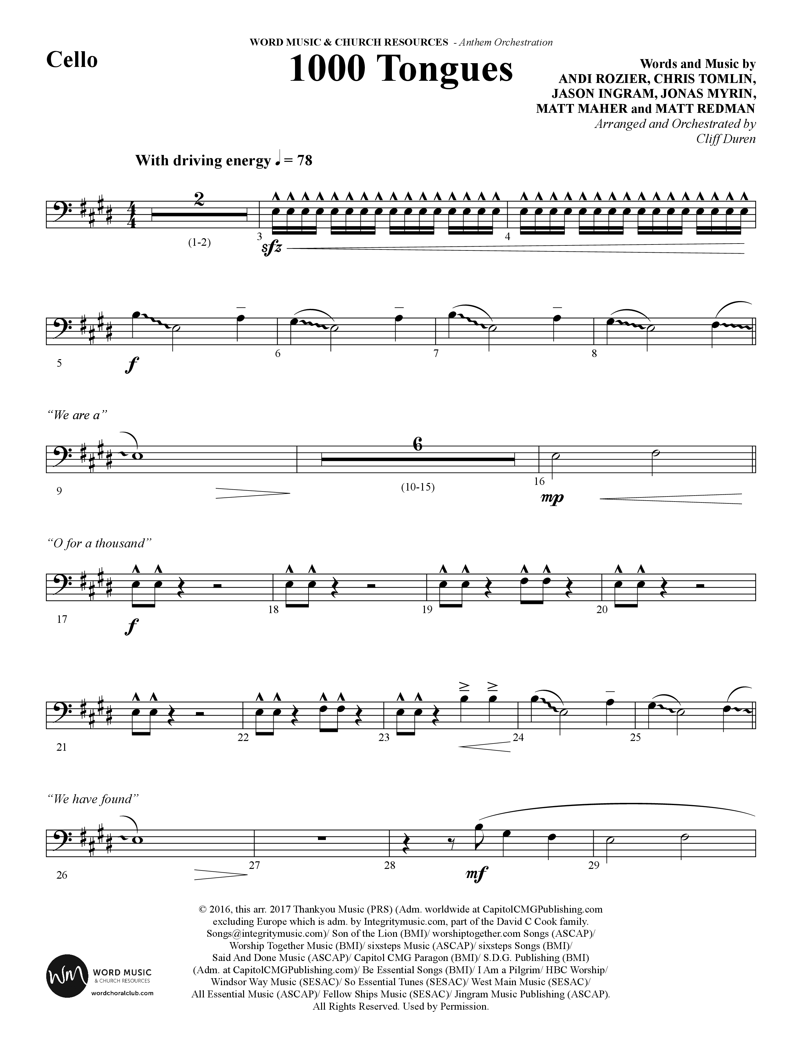 1000 Tongues (Choral Anthem SATB) Cello (Word Music Choral / Arr. Cliff Duren)