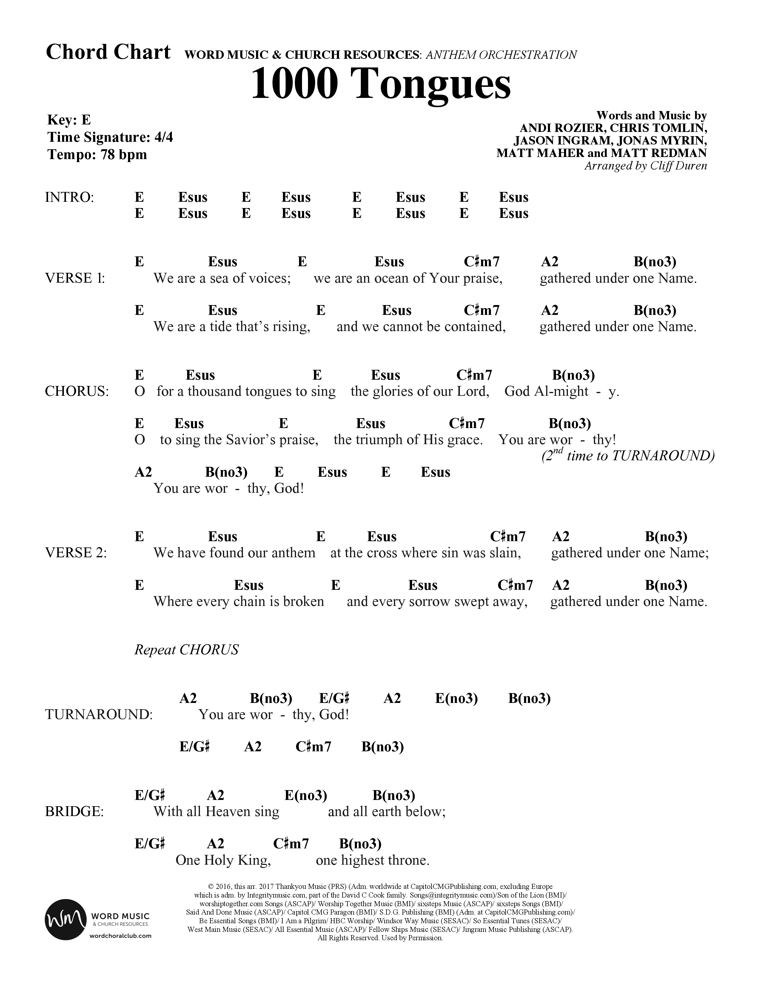 1000 Tongues (Choral Anthem SATB) Chords & Lead Sheet (Word Music Choral / Arr. Cliff Duren)