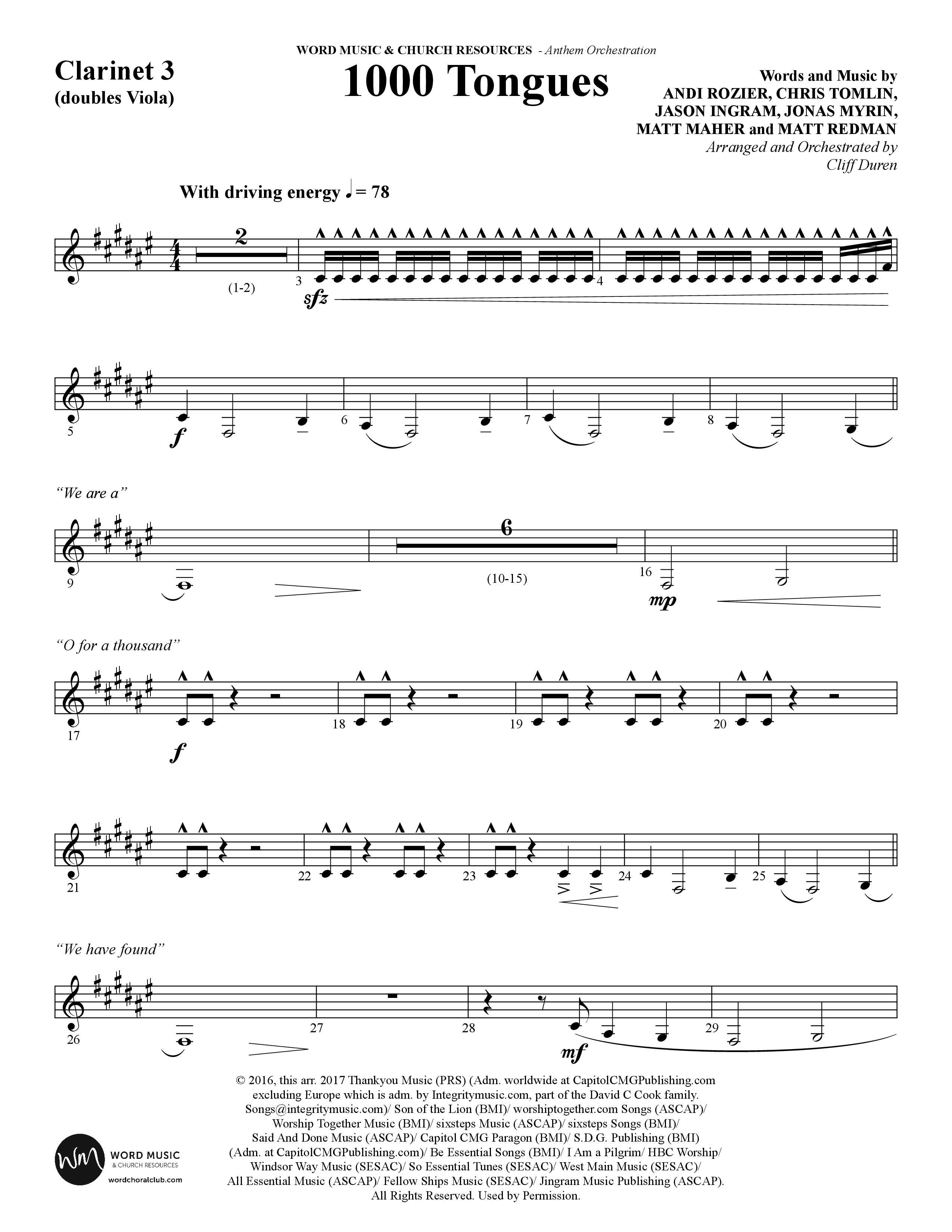 1000 Tongues (Choral Anthem SATB) Clarinet 3 (Word Music Choral / Arr. Cliff Duren)