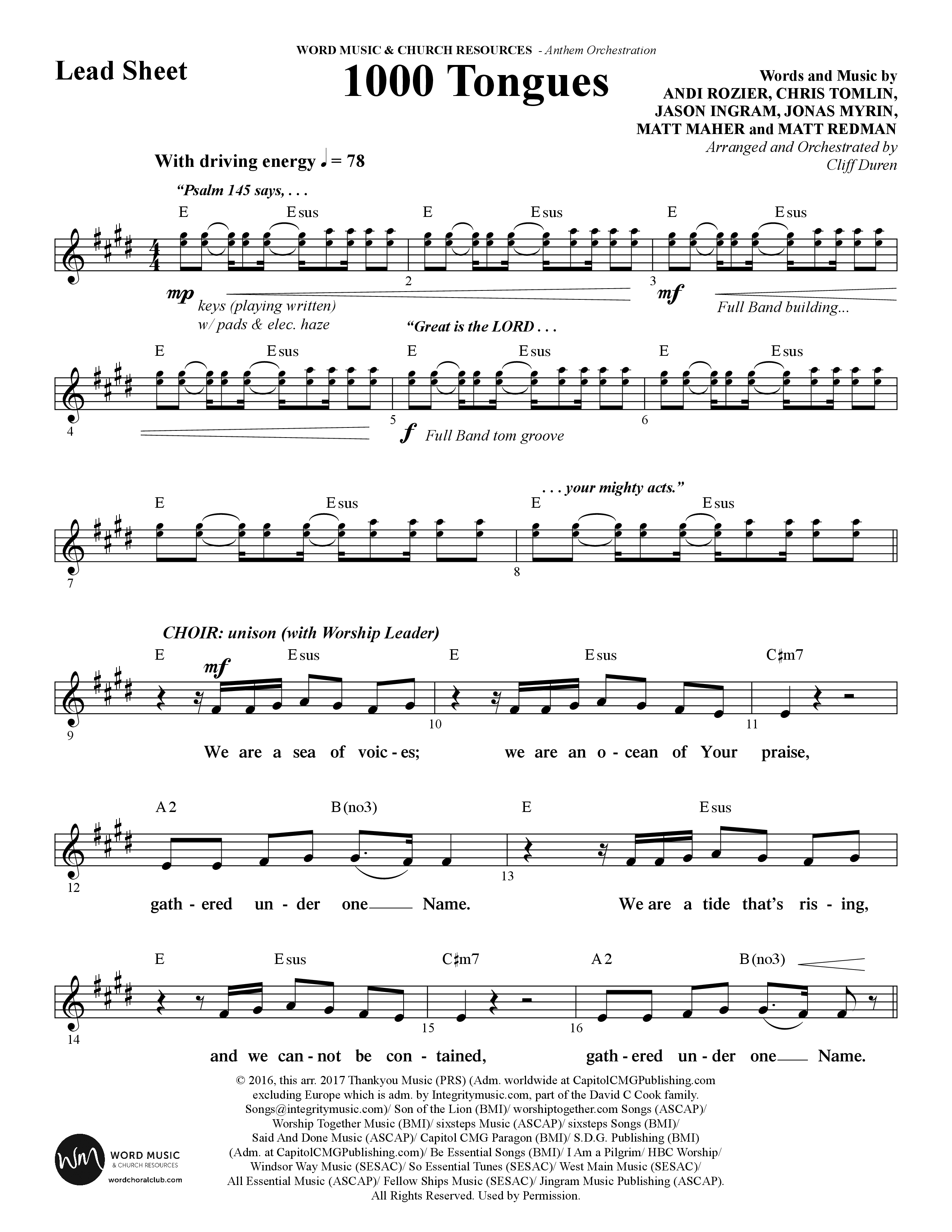 1000 Tongues (Choral Anthem SATB) Lead Sheet (Melody) (Word Music Choral / Arr. Cliff Duren)