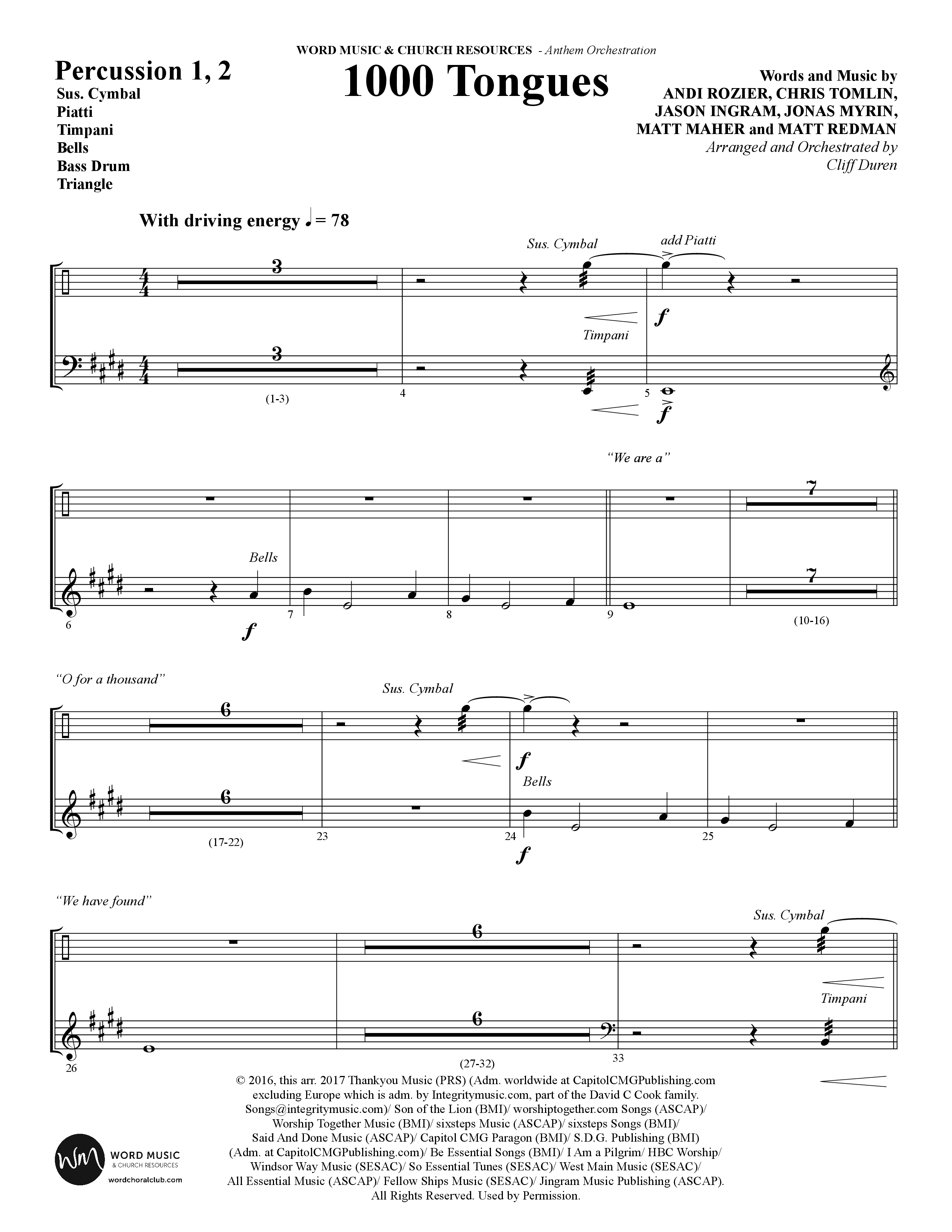 1000 Tongues (Choral Anthem SATB) Percussion 1/2 (Word Music Choral / Arr. Cliff Duren)