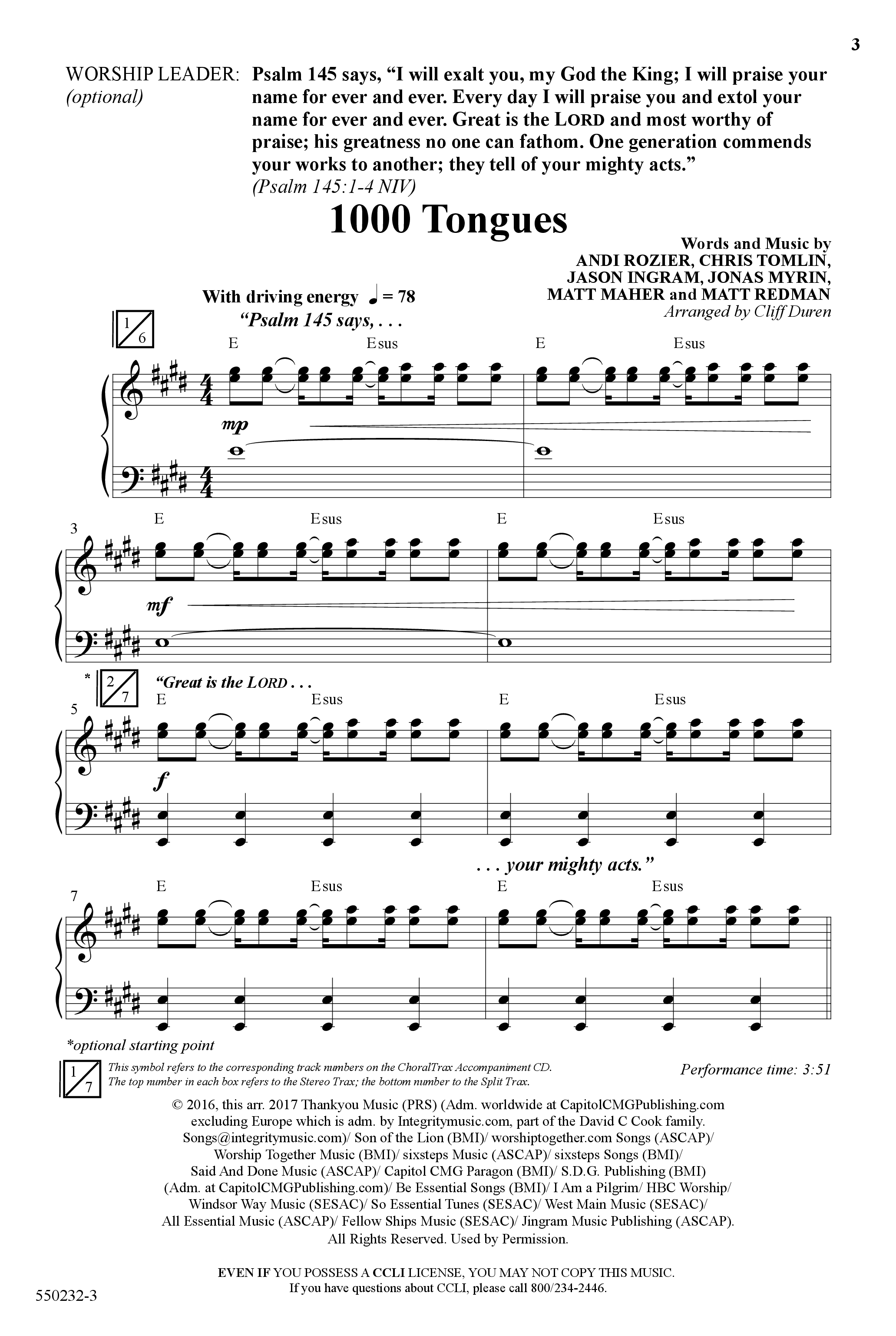 1000 Tongues (Choral Anthem SATB) Anthem (SATB/Piano) (Word Music Choral / Arr. Cliff Duren)