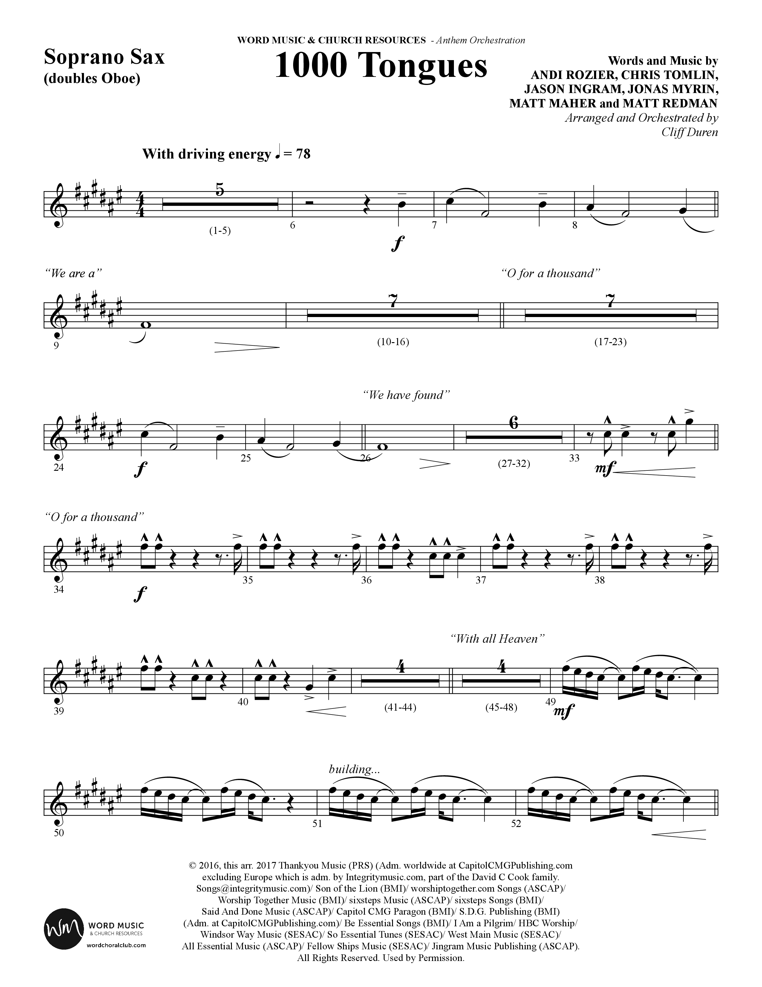 1000 Tongues (Choral Anthem SATB) Soprano Sax (Word Music Choral / Arr. Cliff Duren)