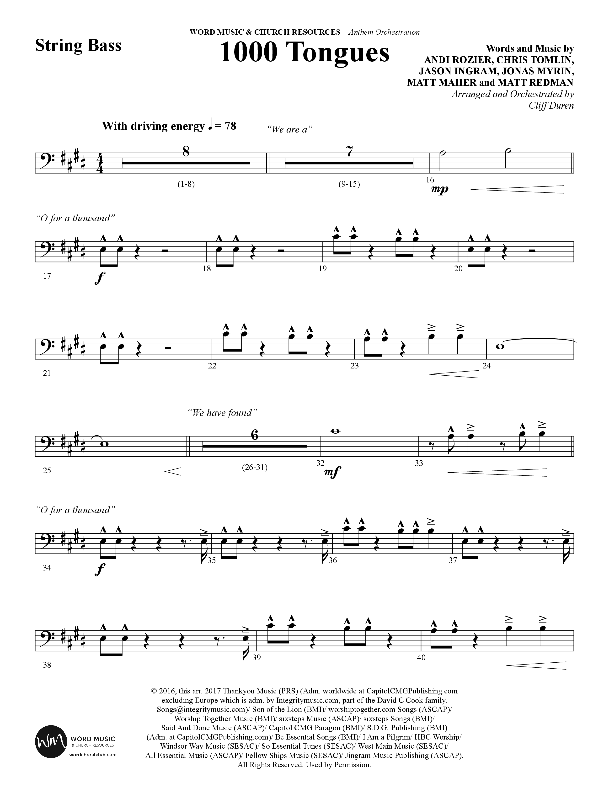 1000 Tongues (Choral Anthem SATB) String Bass (Word Music Choral / Arr. Cliff Duren)