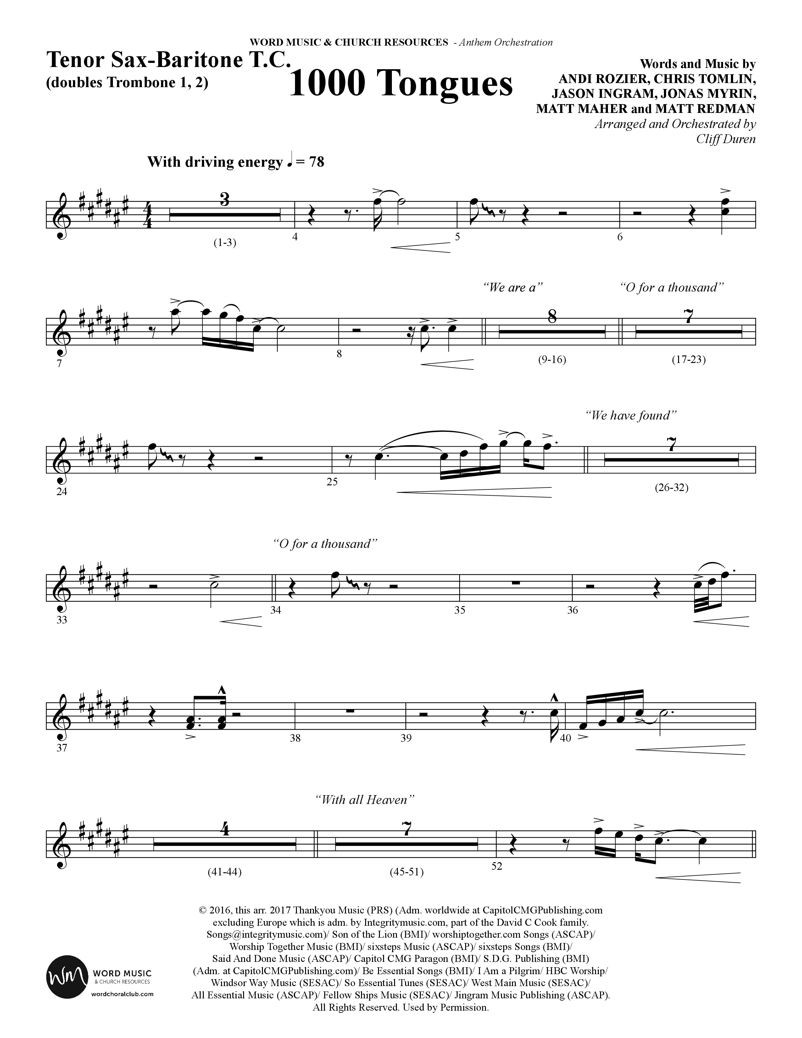 1000 Tongues (Choral Anthem SATB) Tenor Sax/Baritone T.C. (Word Music Choral / Arr. Cliff Duren)