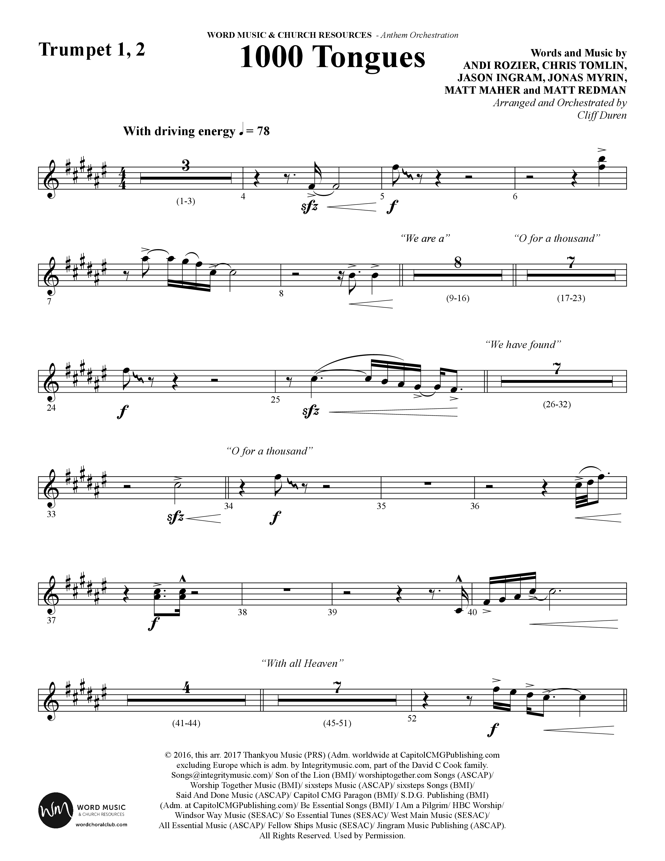 1000 Tongues (Choral Anthem SATB) Trumpet 1,2 (Word Music Choral / Arr. Cliff Duren)