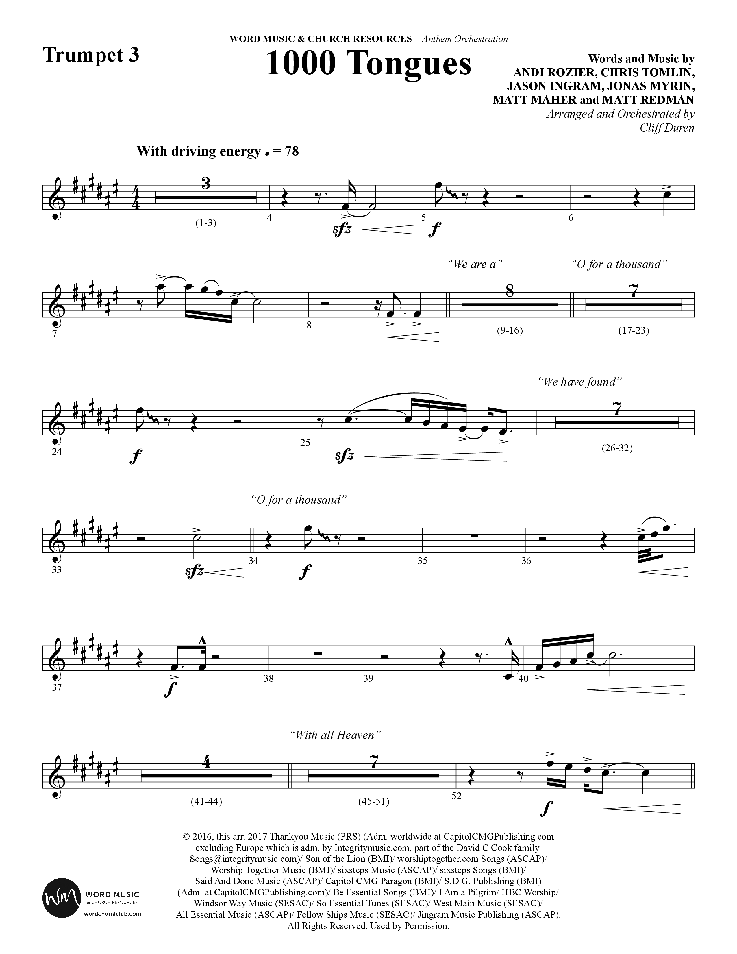 1000 Tongues (Choral Anthem SATB) Trumpet 3 (Word Music Choral / Arr. Cliff Duren)