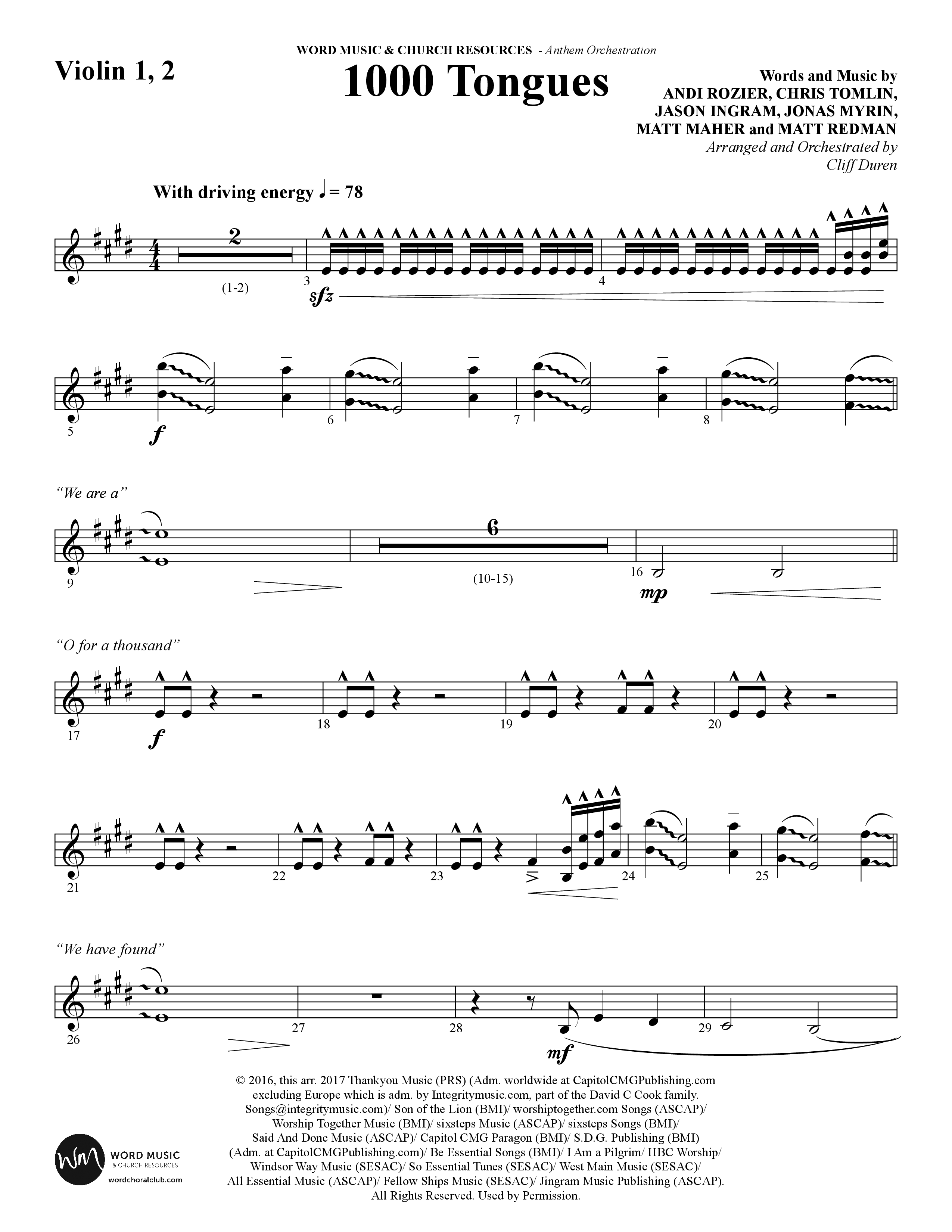1000 Tongues (Choral Anthem SATB) Violin 1/2 (Word Music Choral / Arr. Cliff Duren)