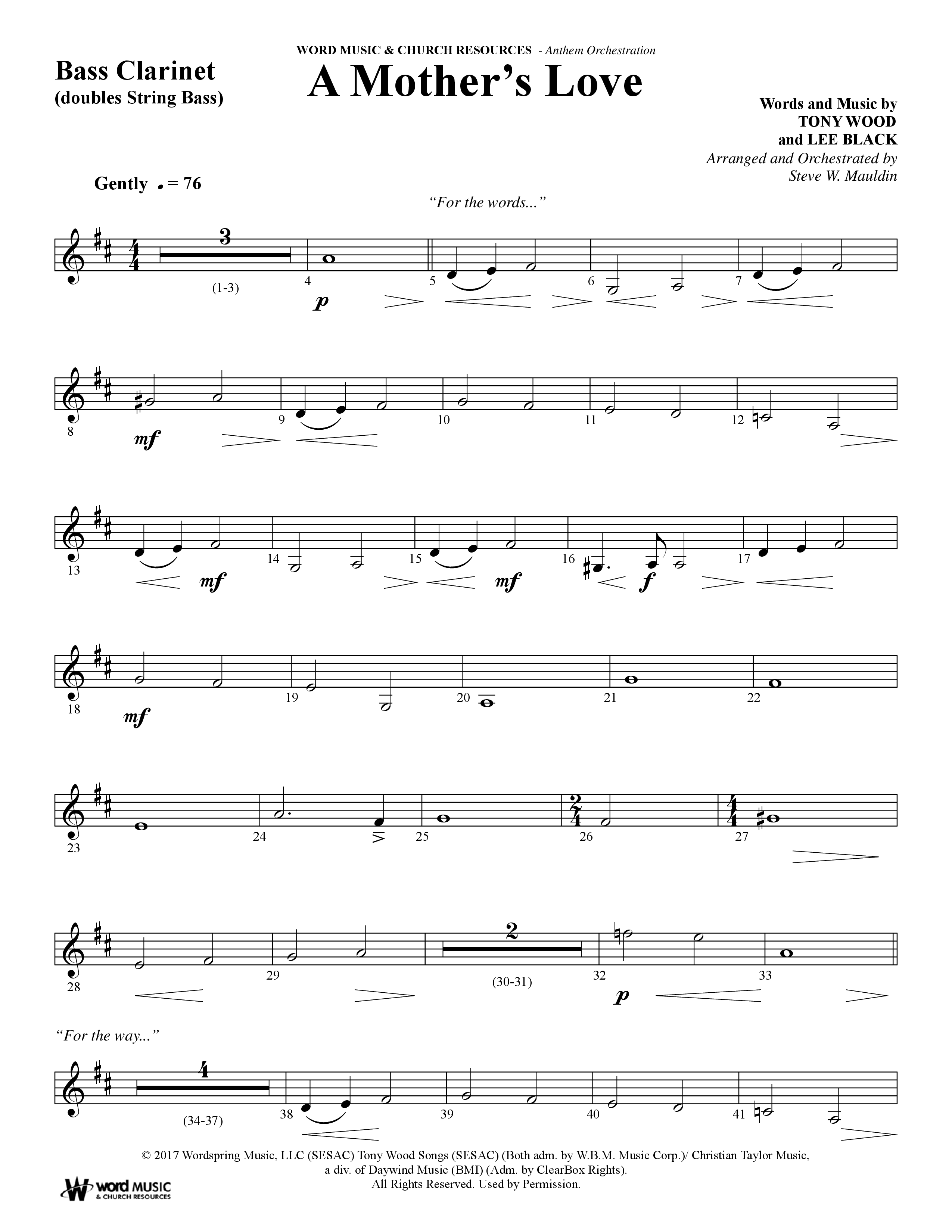 A Mothers Love (Choral Anthem SATB) Bass Clarinet (Word Music Choral / Arr. Steve Mauldin)