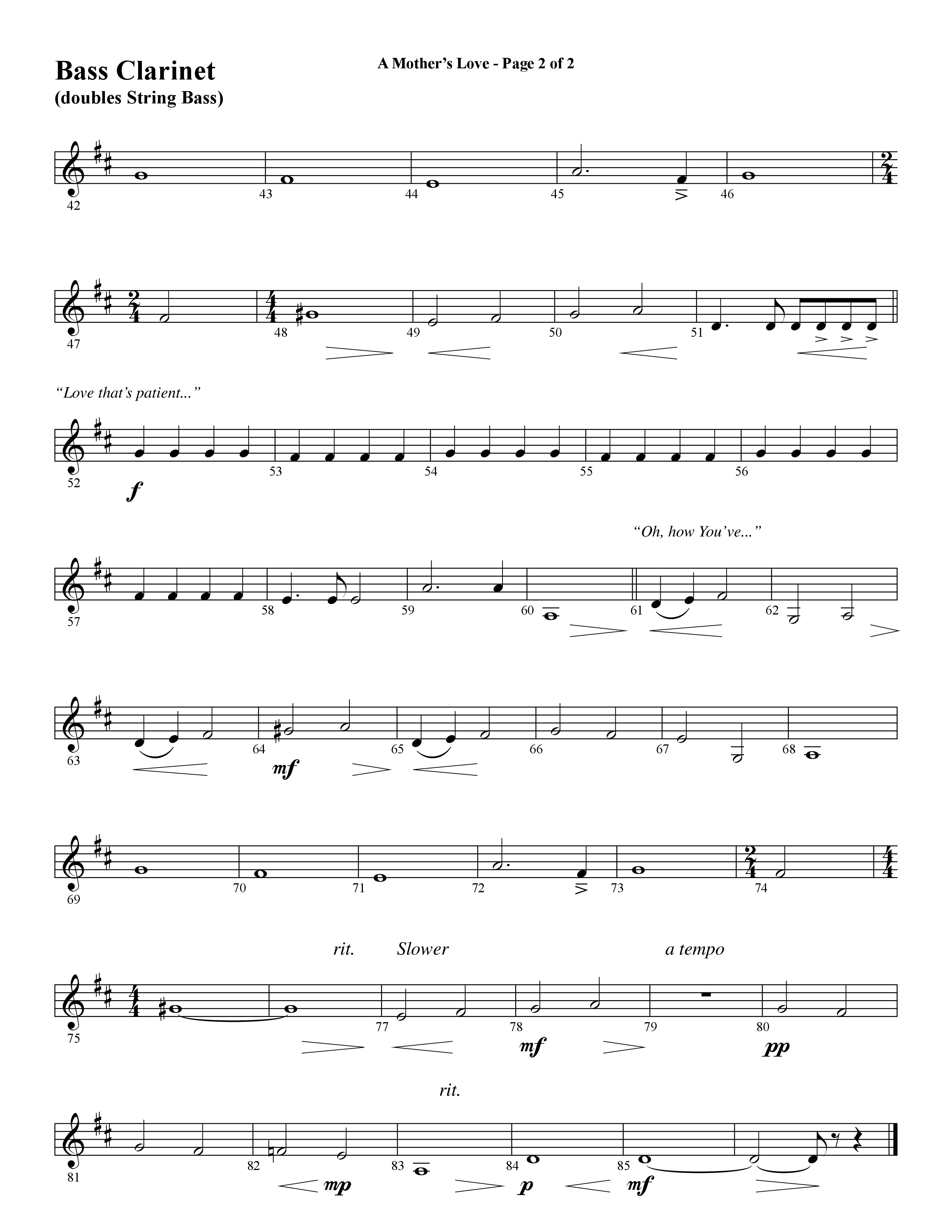 A Mothers Love (Choral Anthem SATB) Bass Clarinet (Word Music Choral / Arr. Steve Mauldin)