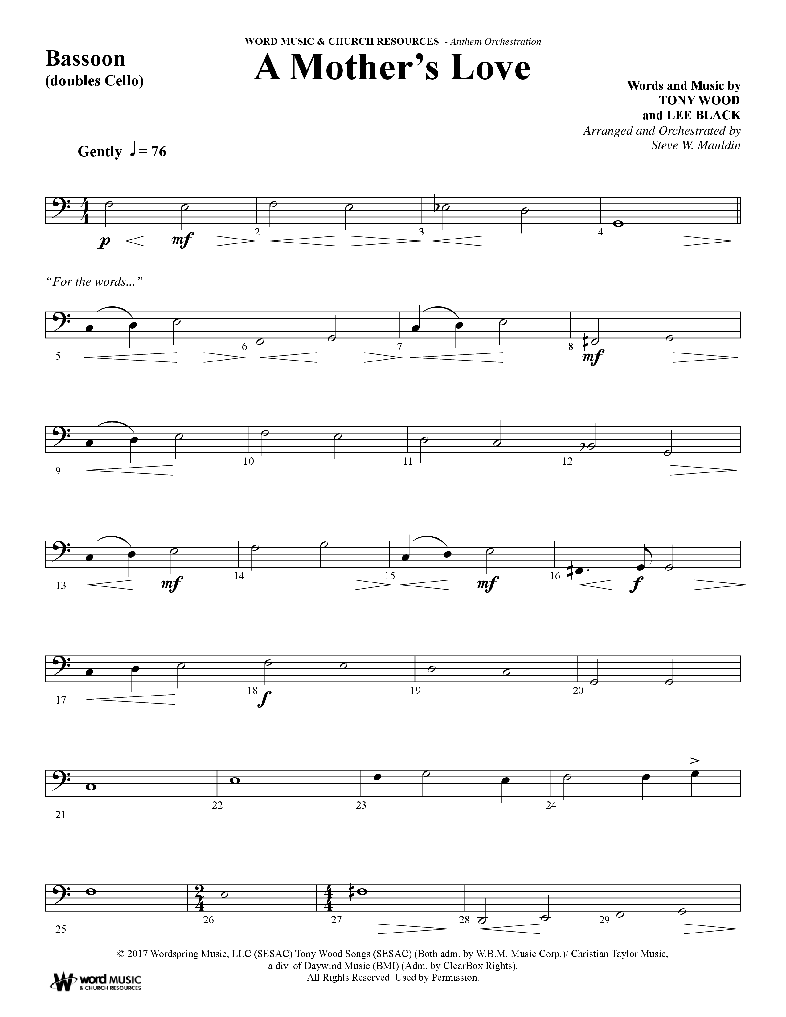 A Mothers Love (Choral Anthem SATB) Bassoon (Word Music Choral / Arr. Steve Mauldin)