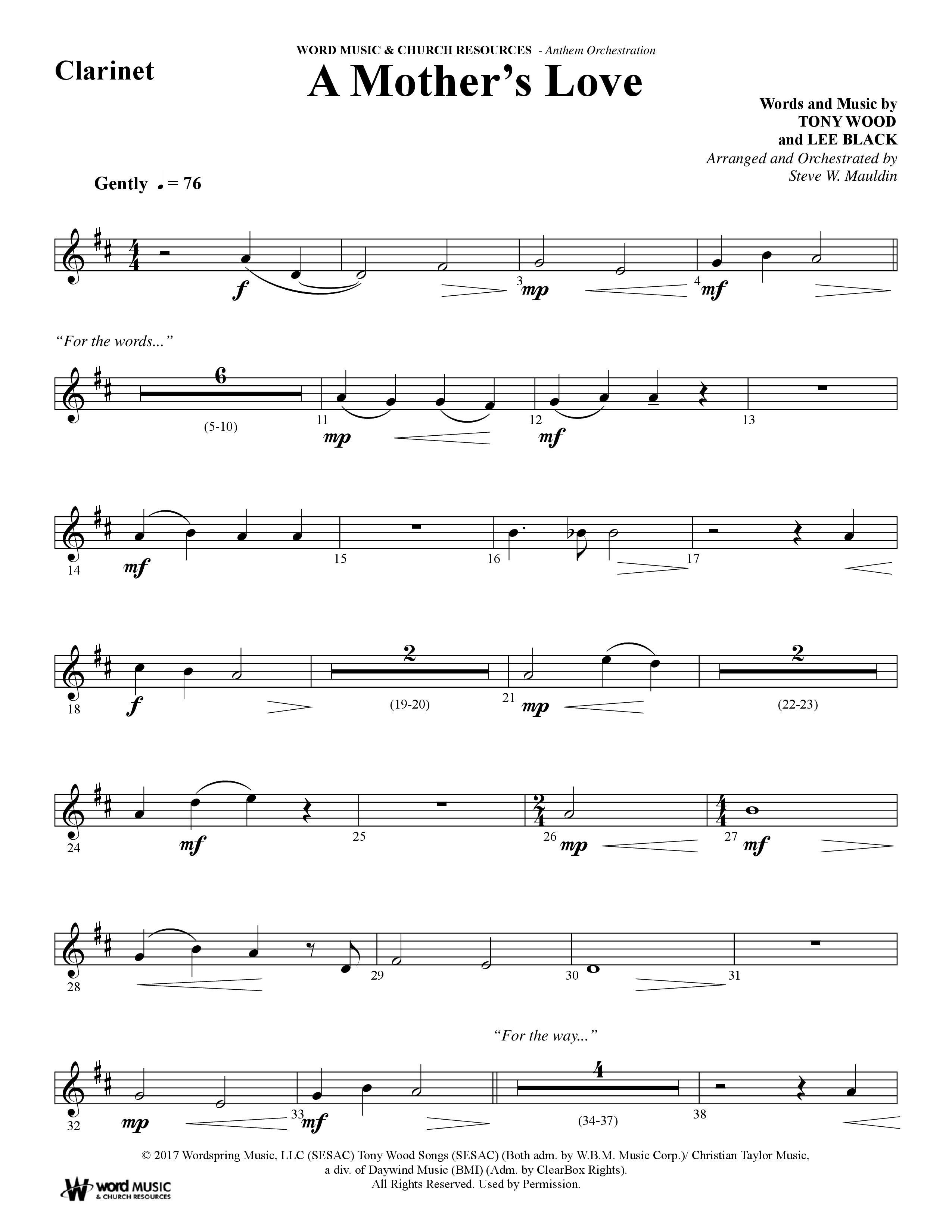 A Mothers Love (Choral Anthem SATB) Clarinet (Word Music Choral / Arr. Steve Mauldin)