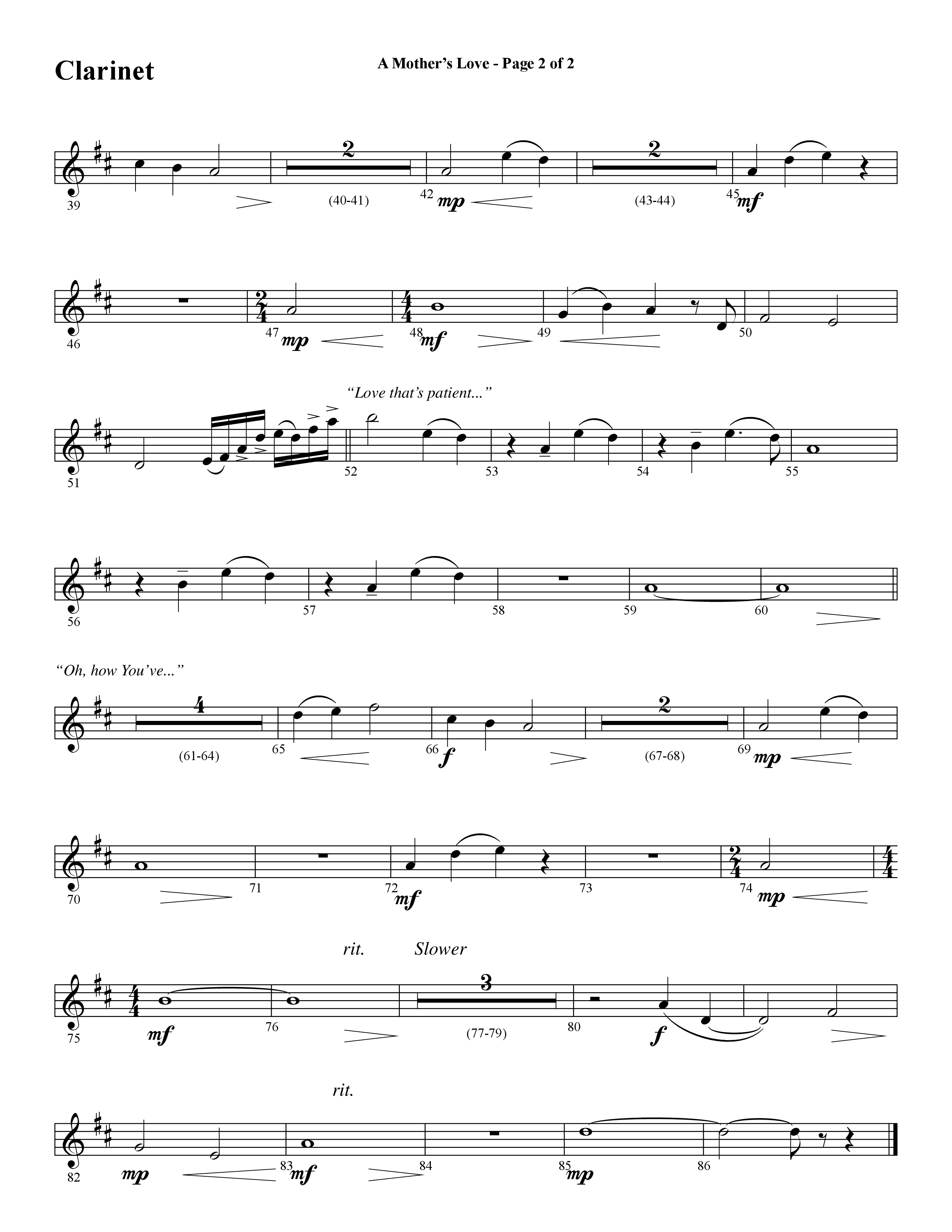 A Mothers Love (Choral Anthem SATB) Clarinet (Word Music Choral / Arr. Steve Mauldin)