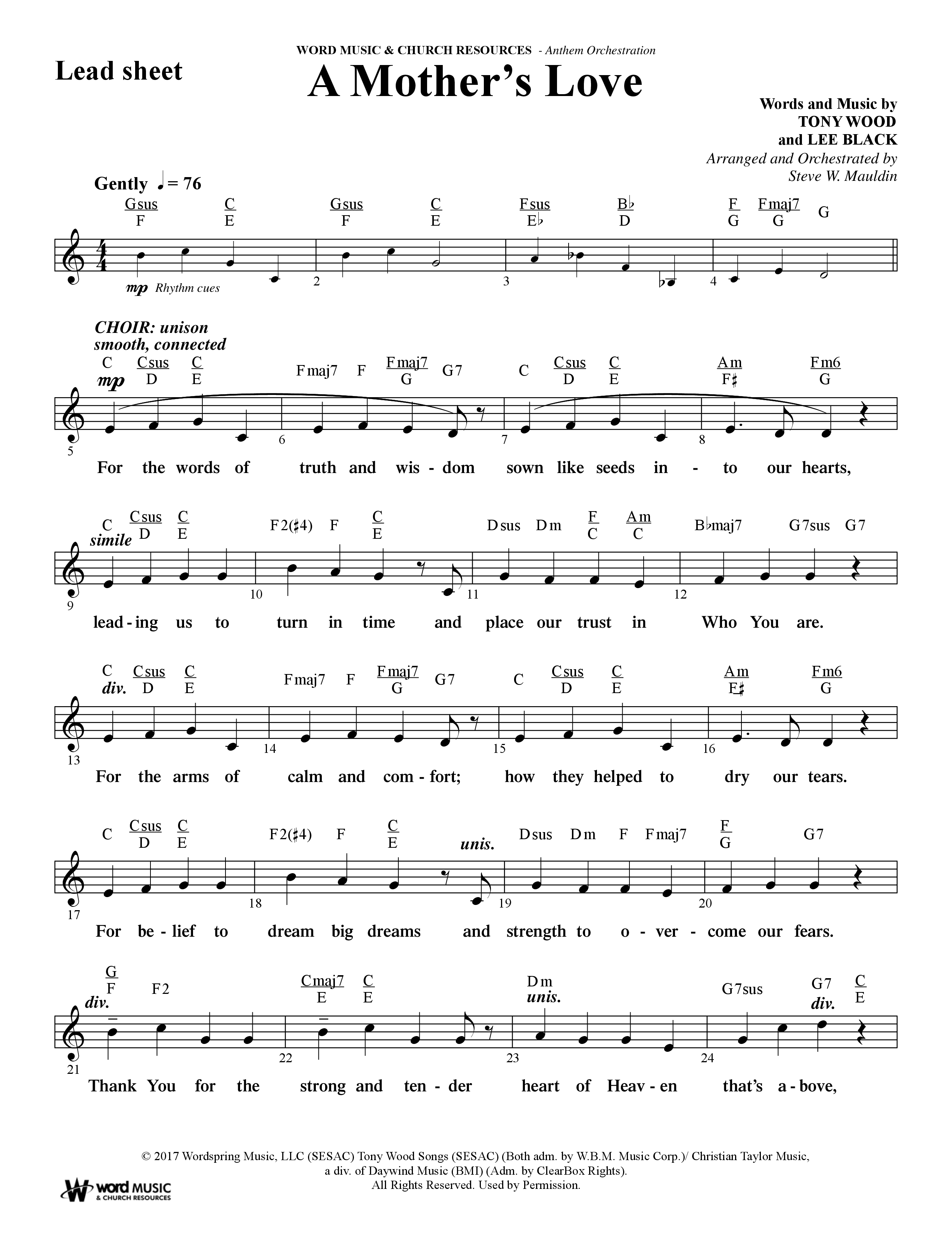A Mothers Love (Choral Anthem SATB) Lead Sheet (Melody) (Word Music Choral / Arr. Steve Mauldin)