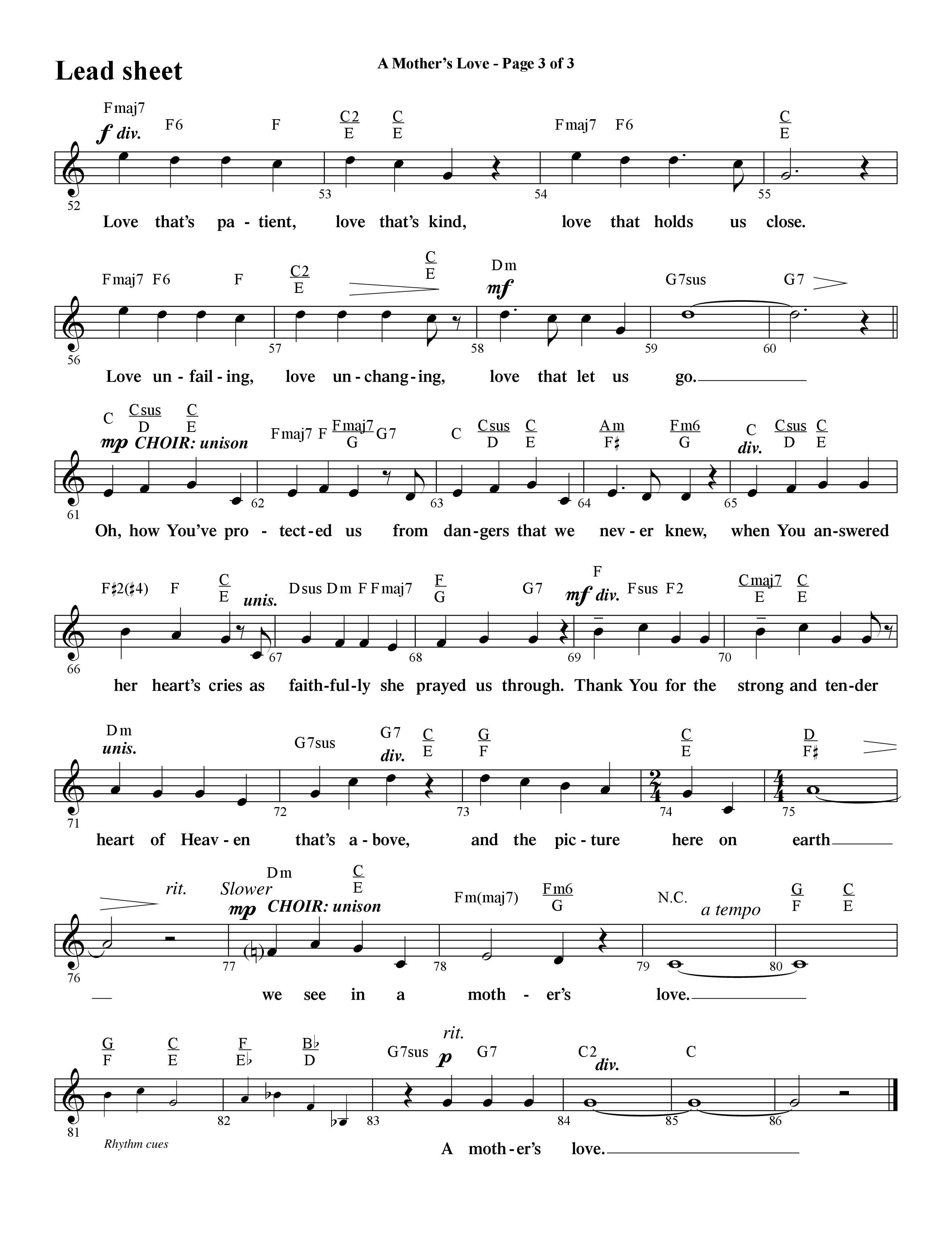 A Mothers Love (Choral Anthem SATB) Lead Sheet (Melody) (Word Music Choral / Arr. Steve Mauldin)