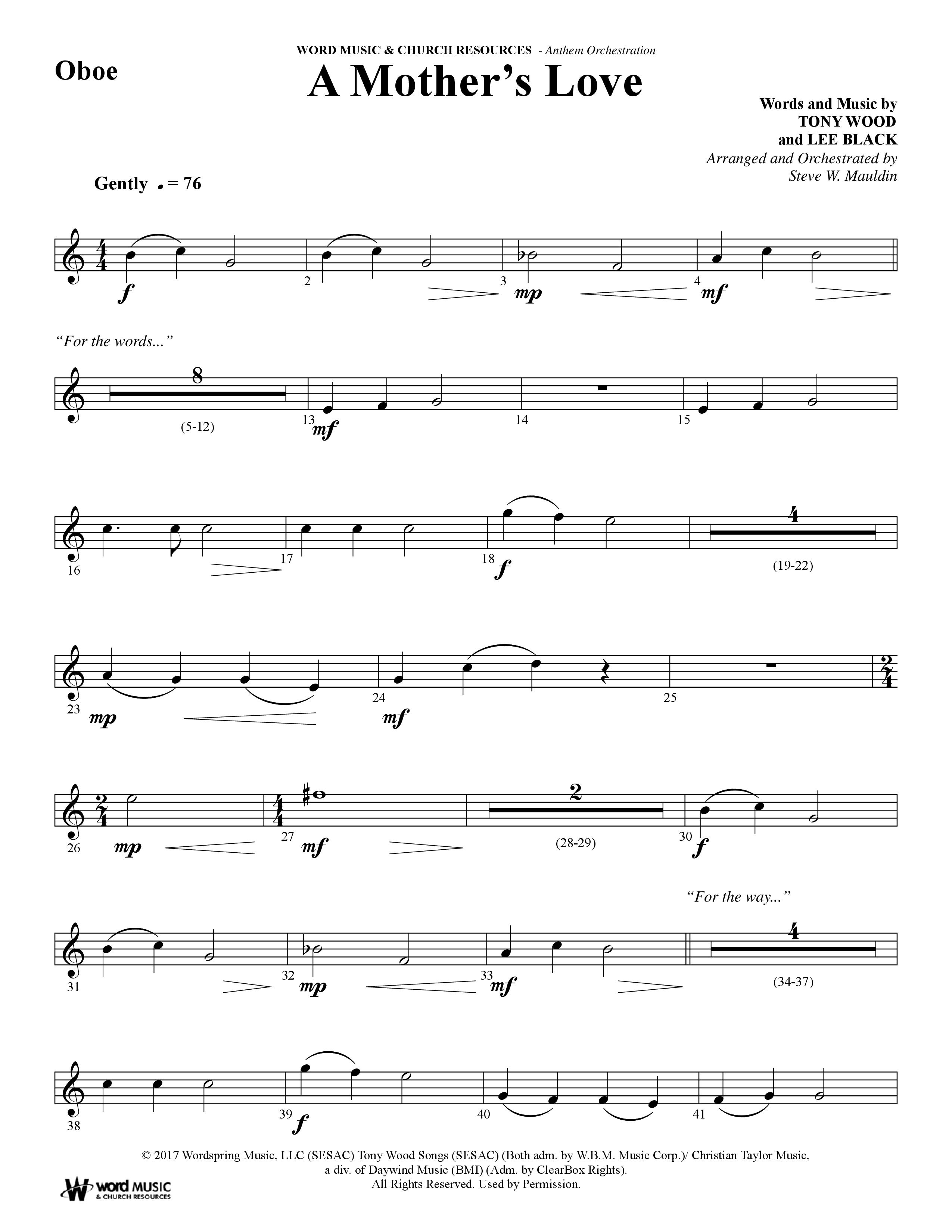 A Mothers Love (Choral Anthem SATB) Oboe (Word Music Choral / Arr. Steve Mauldin)