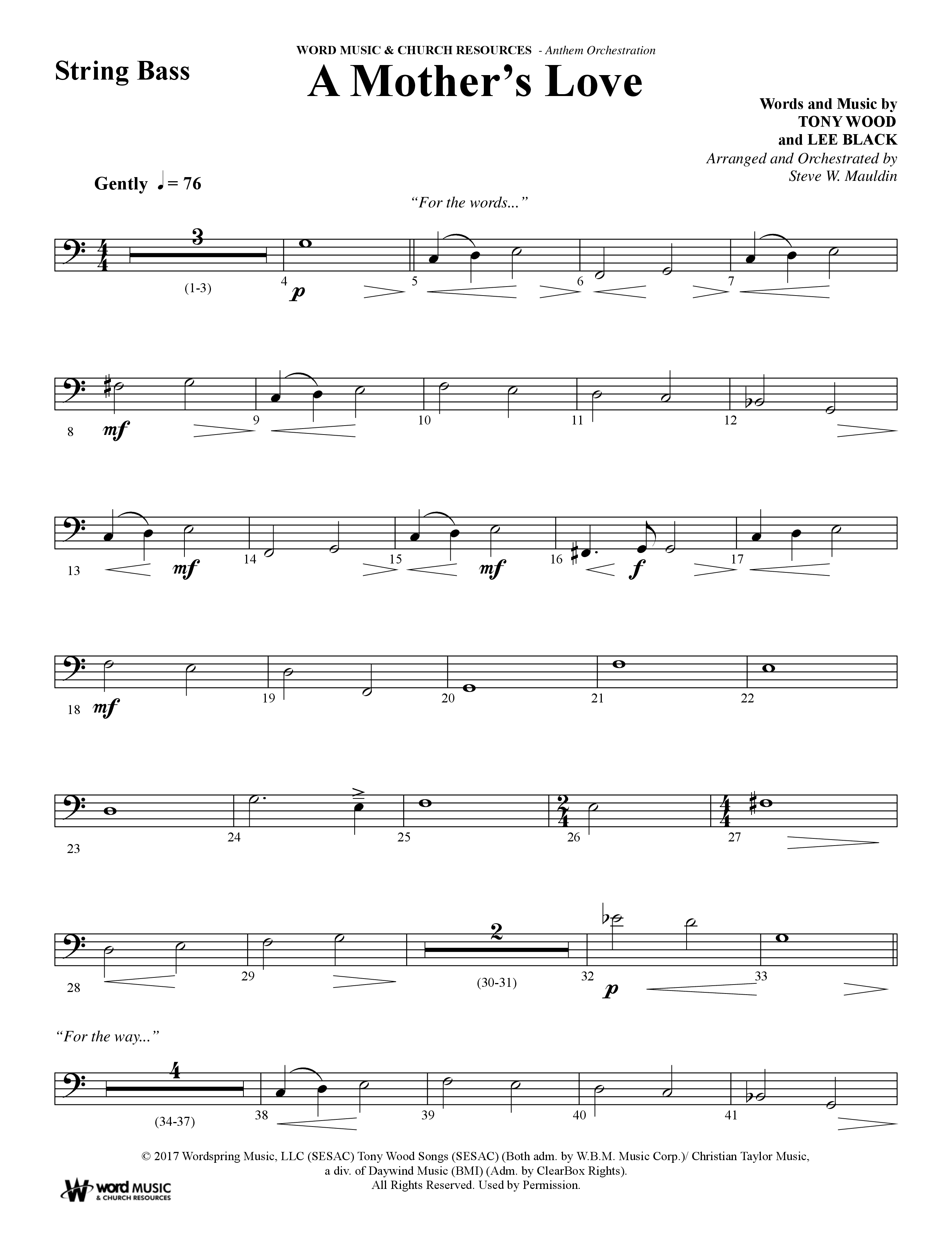 A Mothers Love (Choral Anthem SATB) String Bass (Word Music Choral / Arr. Steve Mauldin)