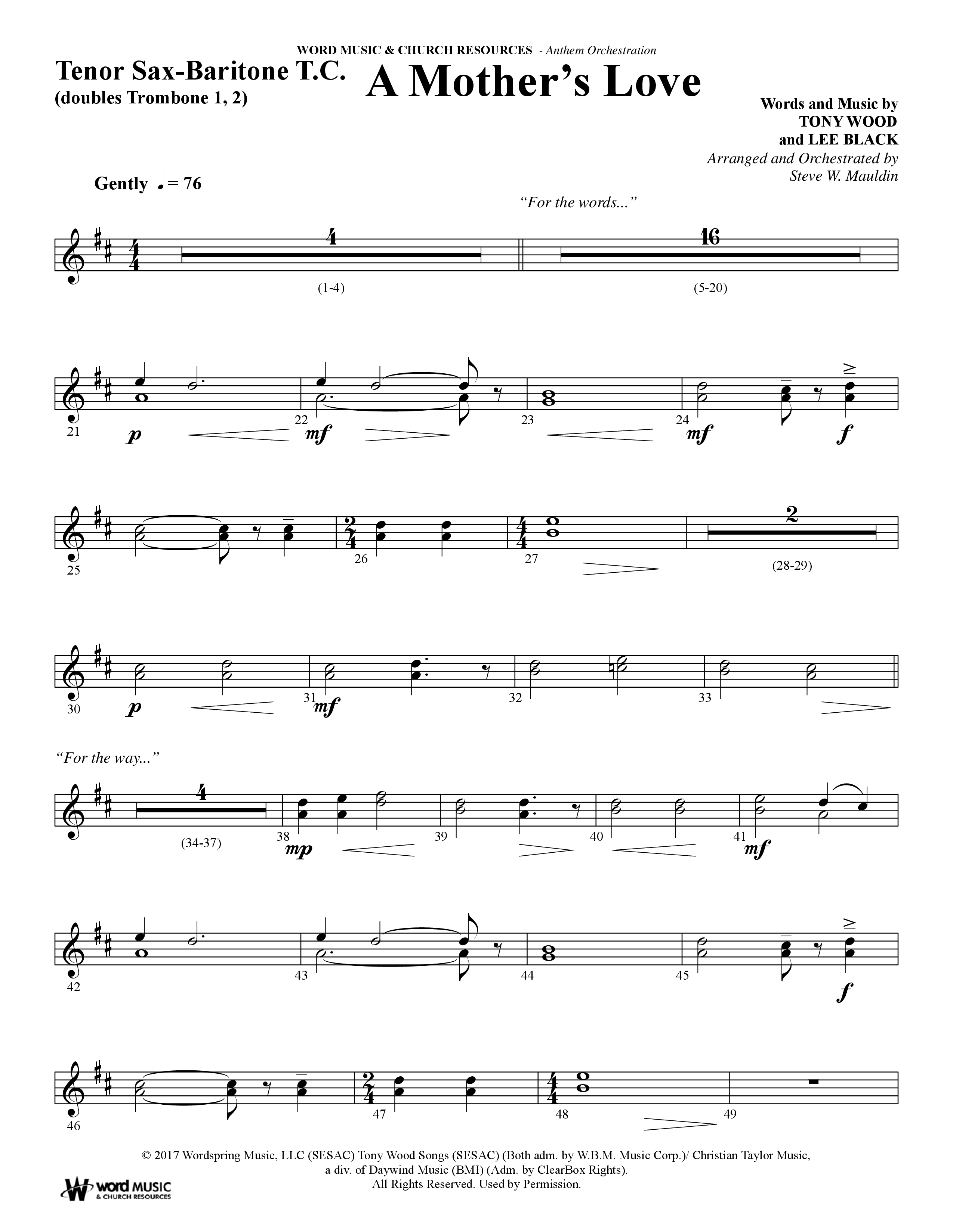 A Mothers Love (Choral Anthem SATB) Tenor Sax/Baritone T.C. (Word Music Choral / Arr. Steve Mauldin)