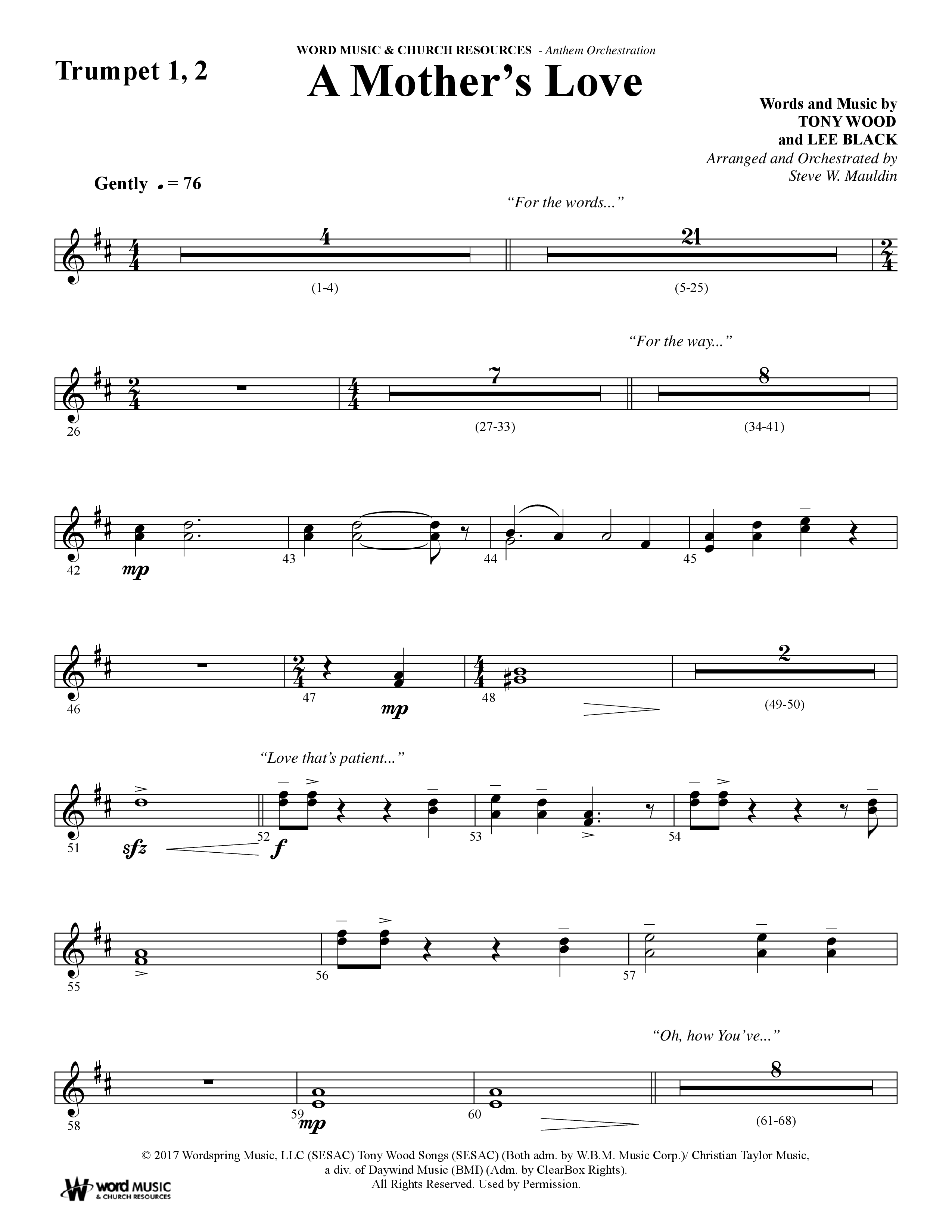 A Mothers Love (Choral Anthem SATB) Trumpet 1,2 (Word Music Choral / Arr. Steve Mauldin)