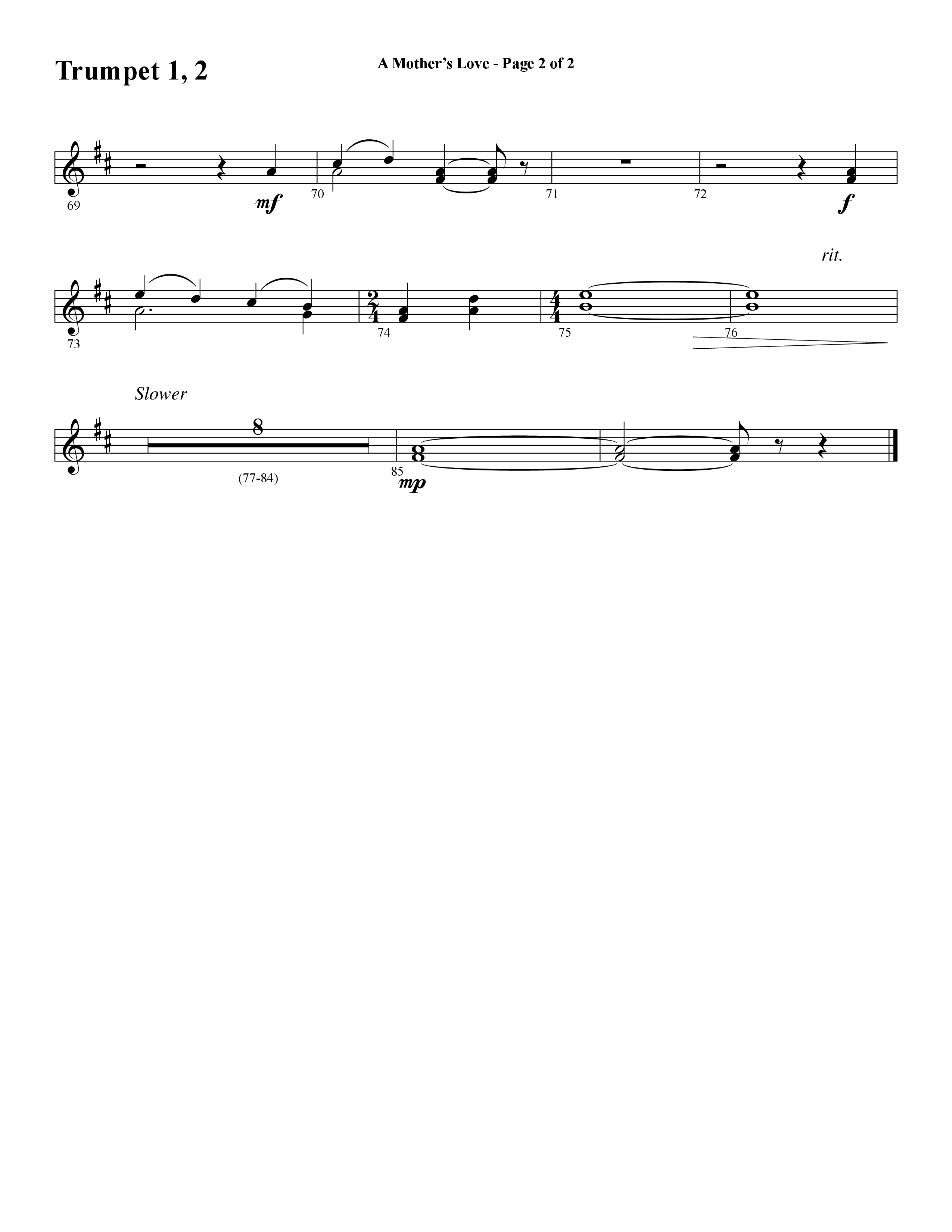 A Mothers Love (Choral Anthem SATB) Trumpet 1,2 (Word Music Choral / Arr. Steve Mauldin)