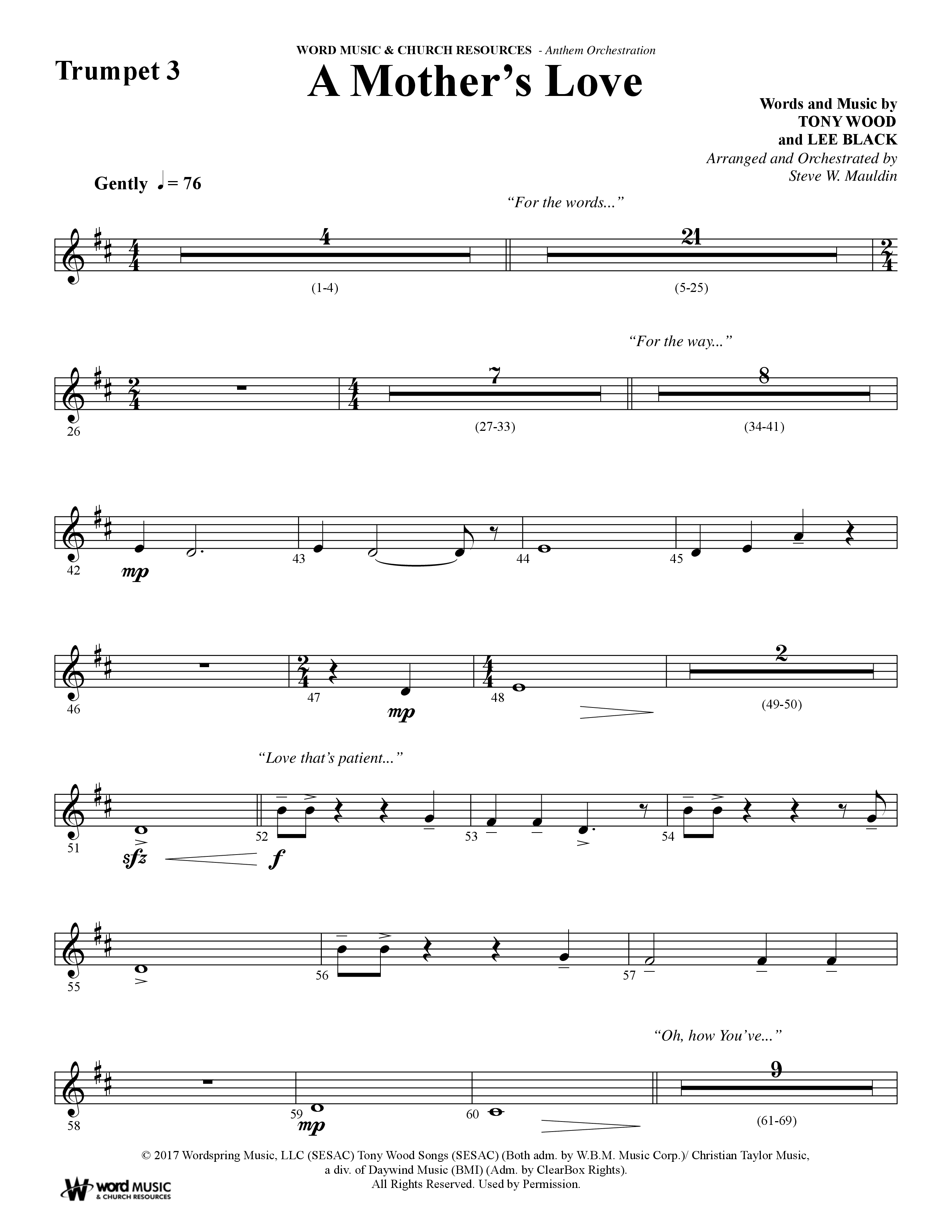 A Mothers Love (Choral Anthem SATB) Trumpet 3 (Word Music Choral / Arr. Steve Mauldin)