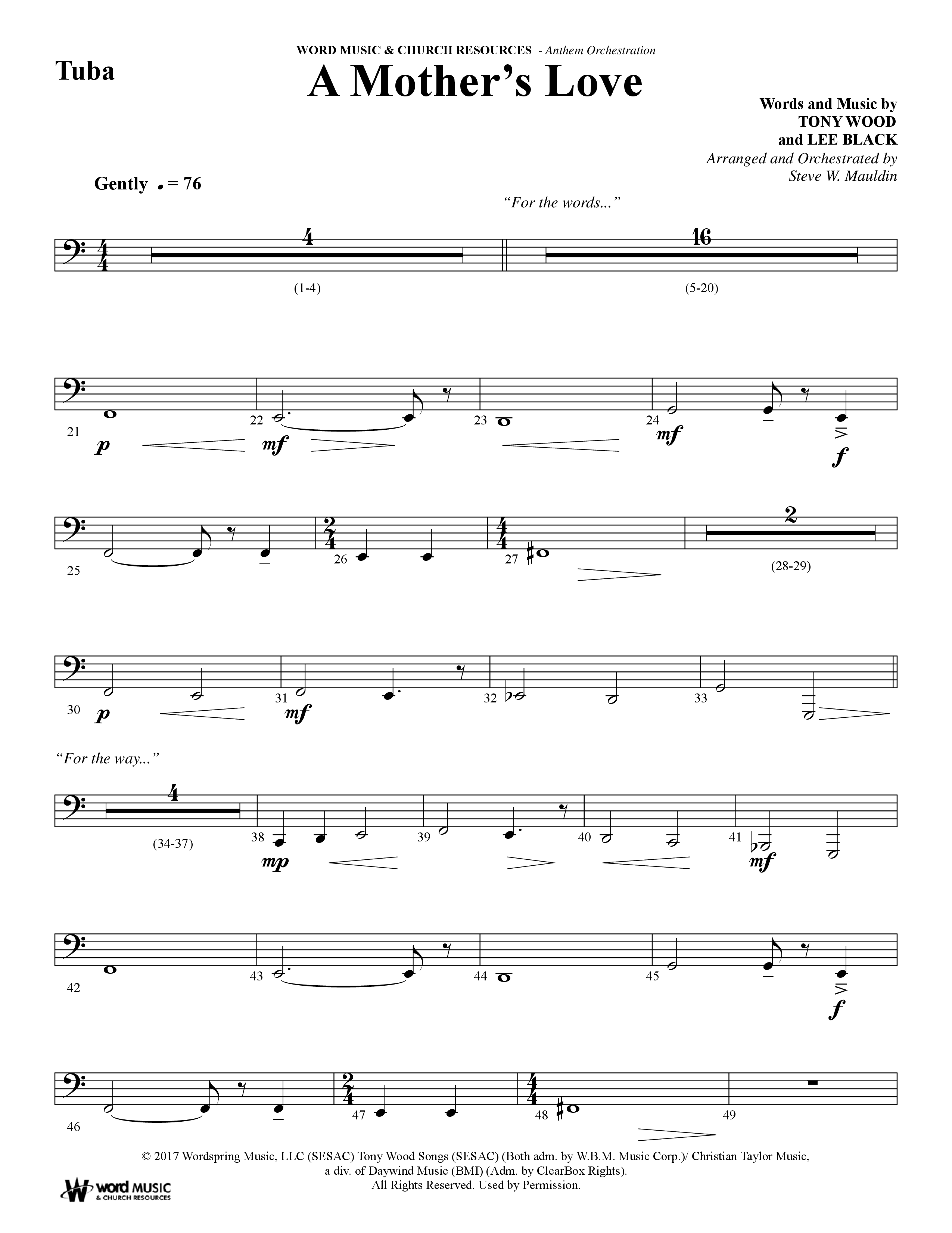 A Mothers Love (Choral Anthem SATB) Tuba (Word Music Choral / Arr. Steve Mauldin)